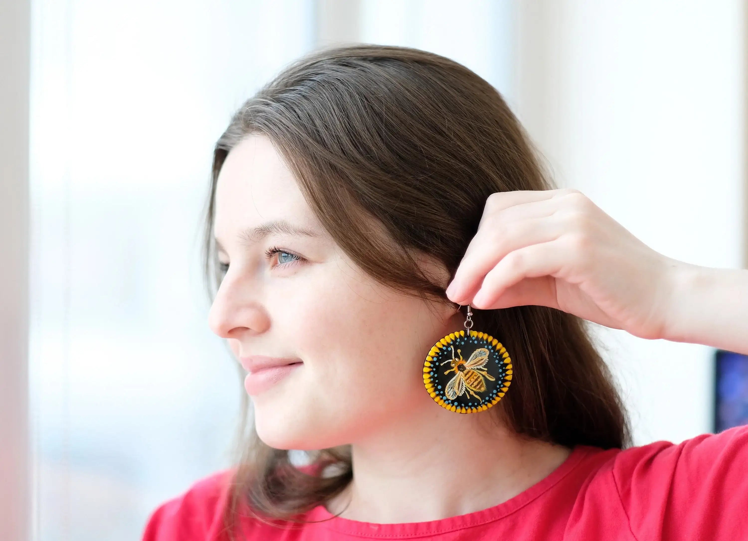 Painted Wooden Bee Earrings - Dangle Drop Hypoallergenic Large Circle Statement Necklace