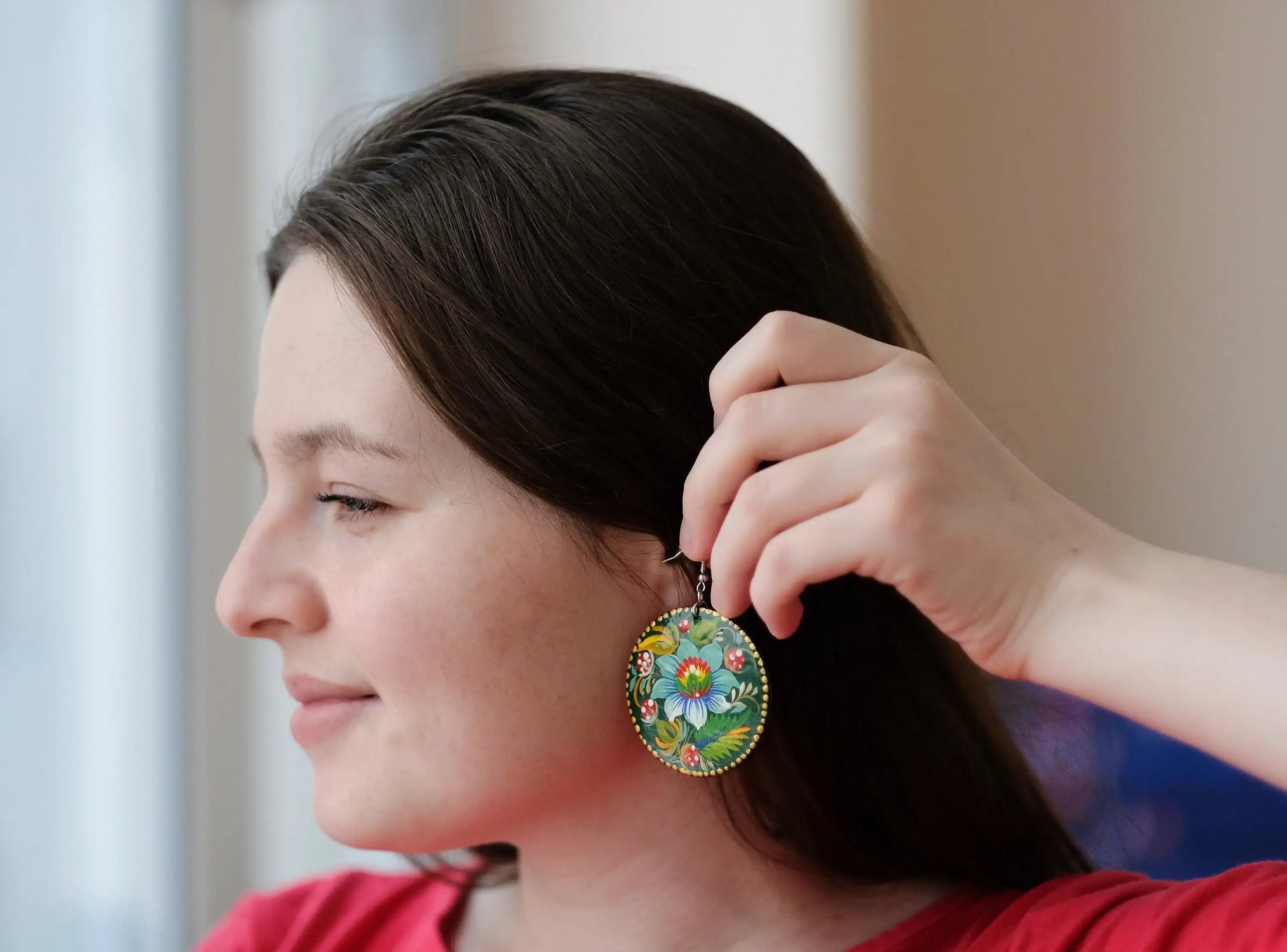 Hypoallergenic Painted Wooden Frog Earrings - Artisanal Dangle Drop Large Circle Statement, Emerald Green