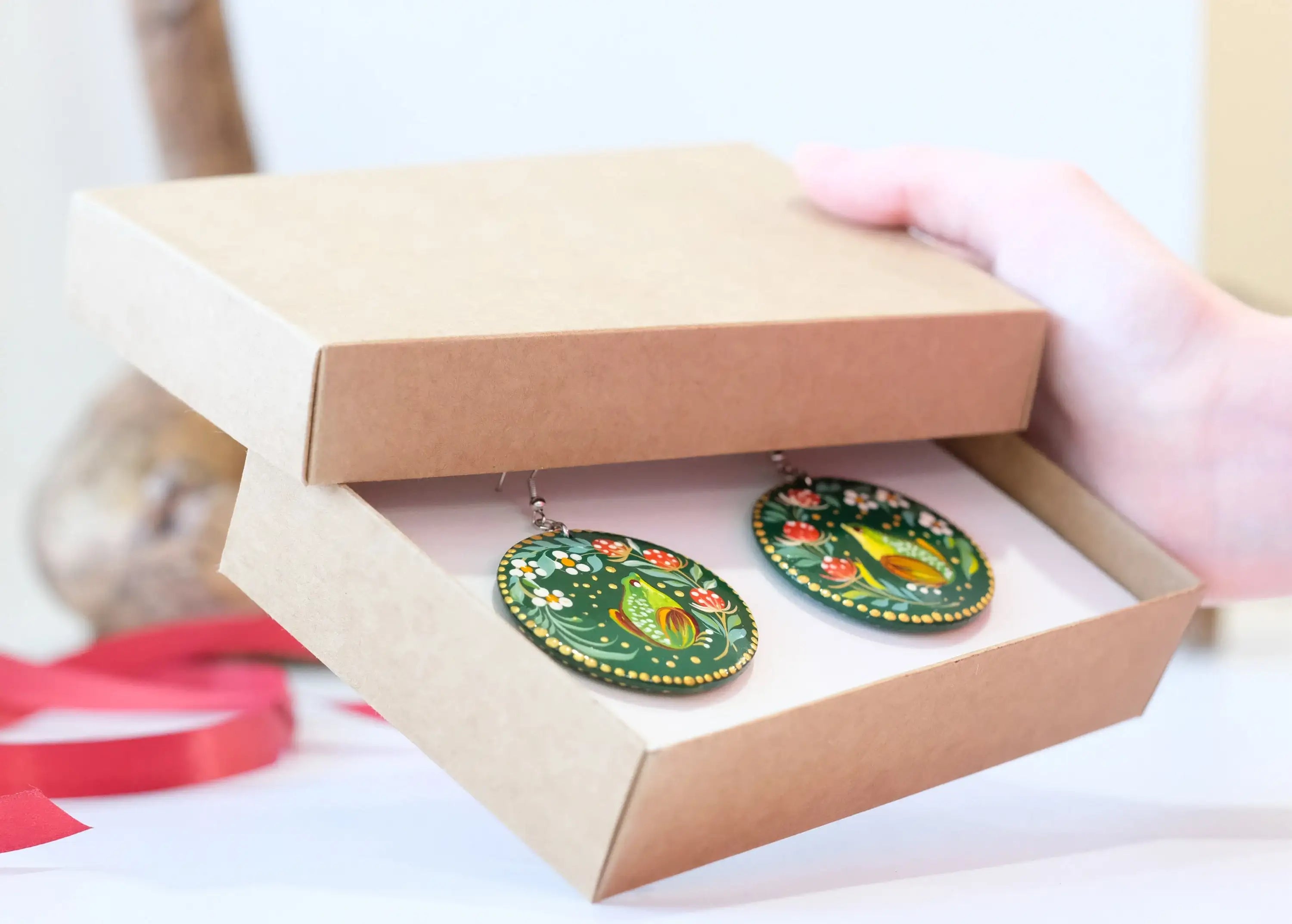 Hypoallergenic Painted Wooden Frog Earrings - Artisanal Dangle Drop Large Circle Statement, Emerald Green