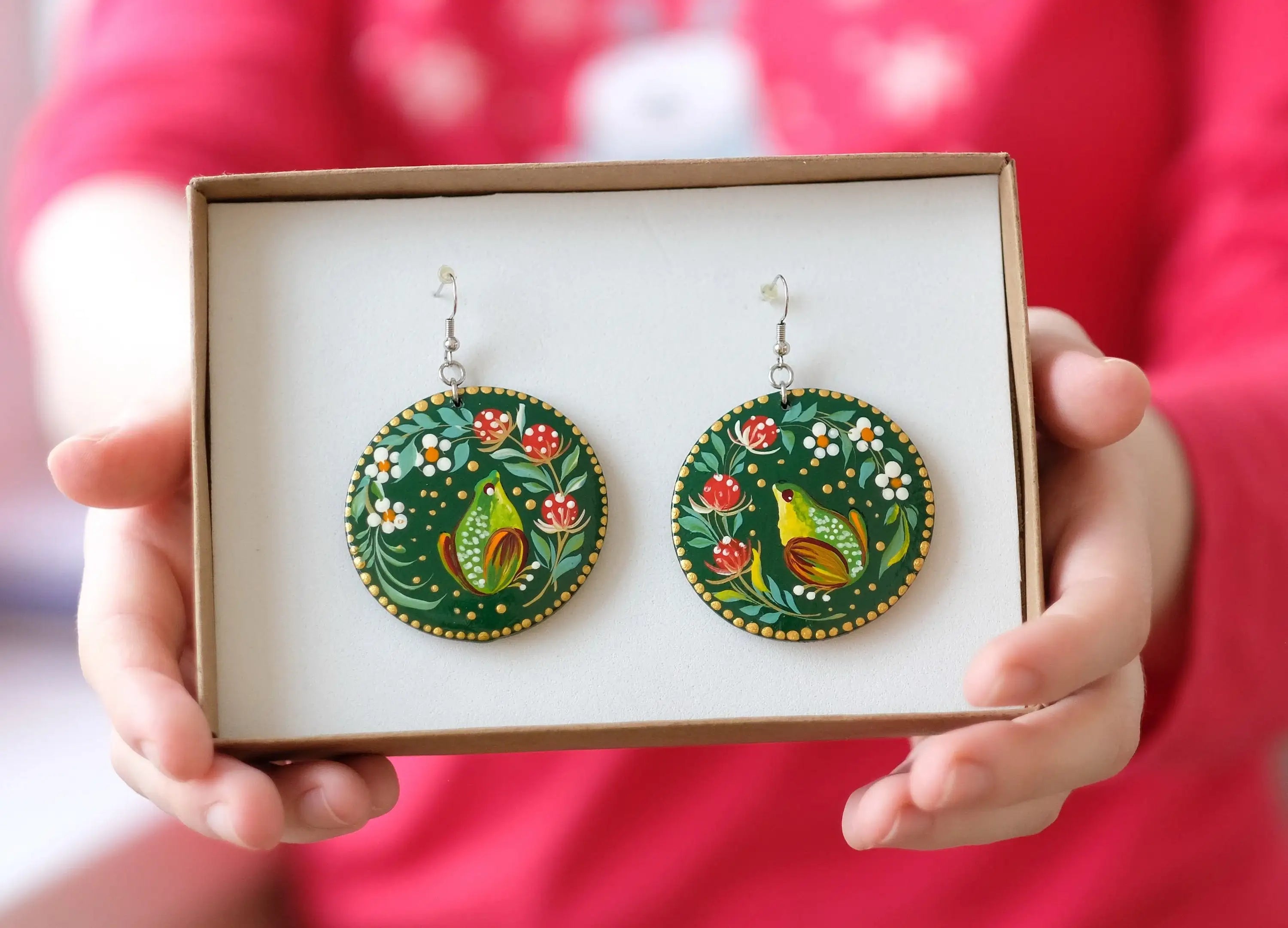 Hypoallergenic Painted Wooden Frog Earrings - Artisanal Dangle Drop Large Circle Statement, Emerald Green