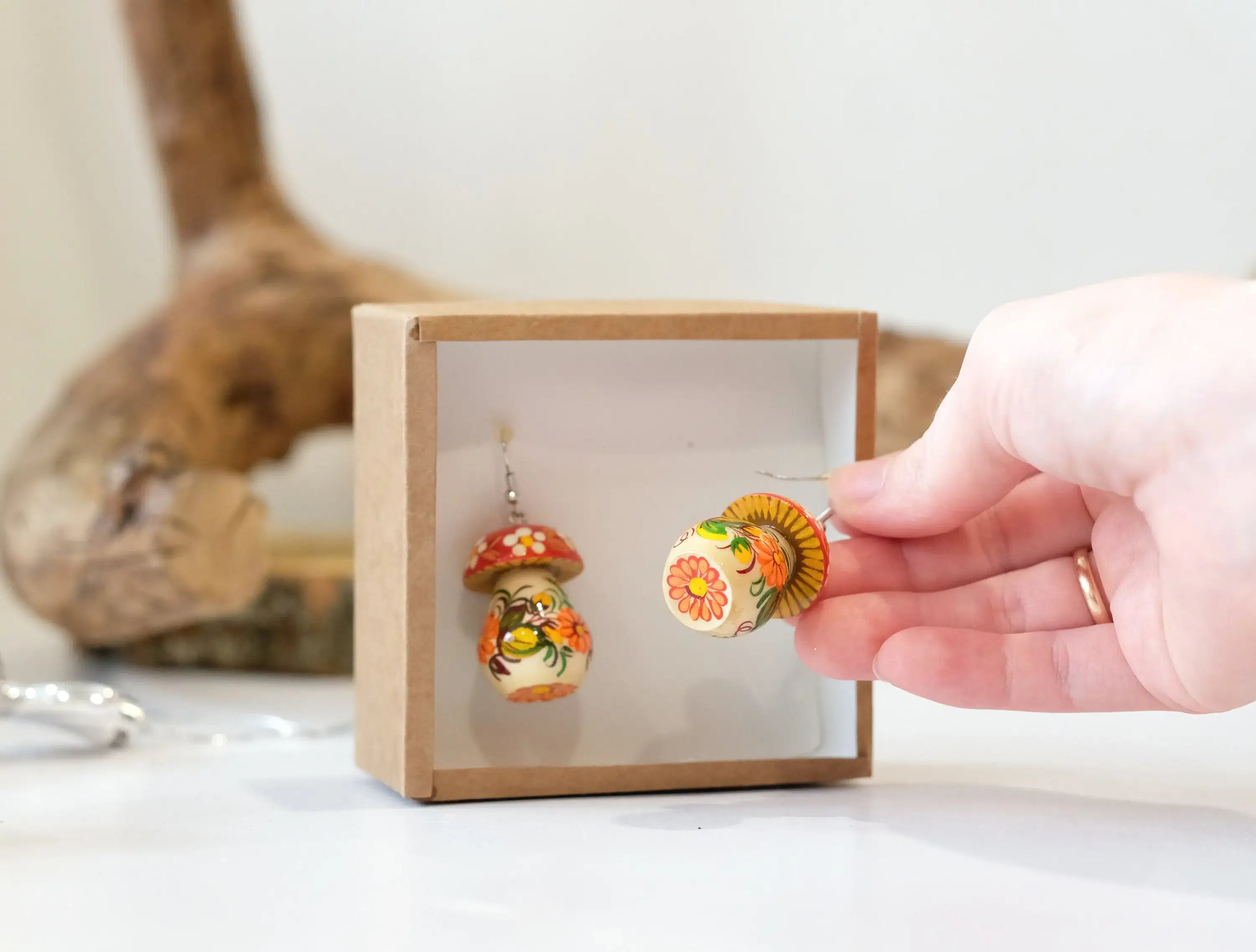 Painted Hypoallergenic Wooden Dangle Drop Mushroom Earrings - Artisanal Statement Earrings