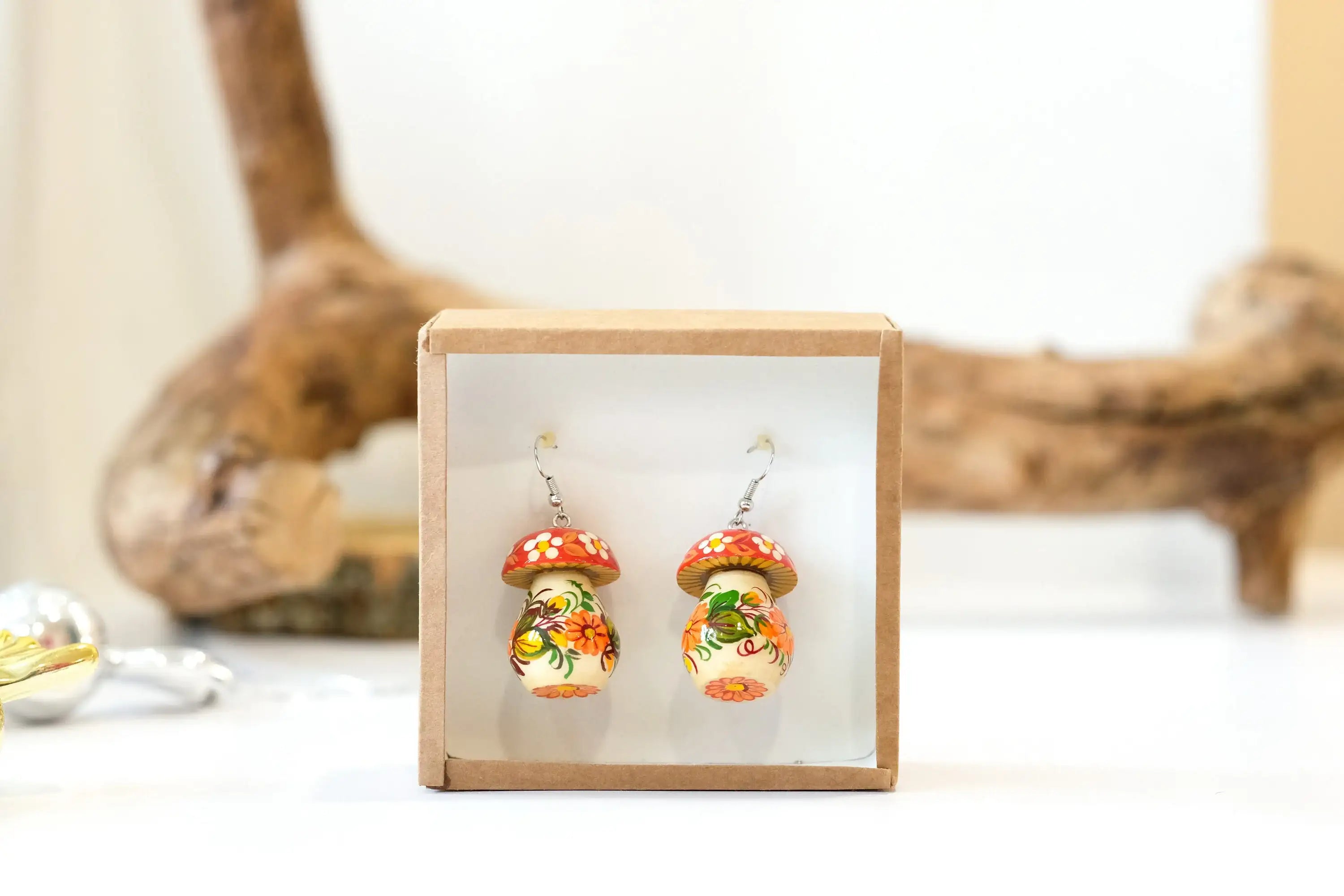 Painted Hypoallergenic Wooden Dangle Drop Mushroom Earrings - Artisanal Statement Earrings