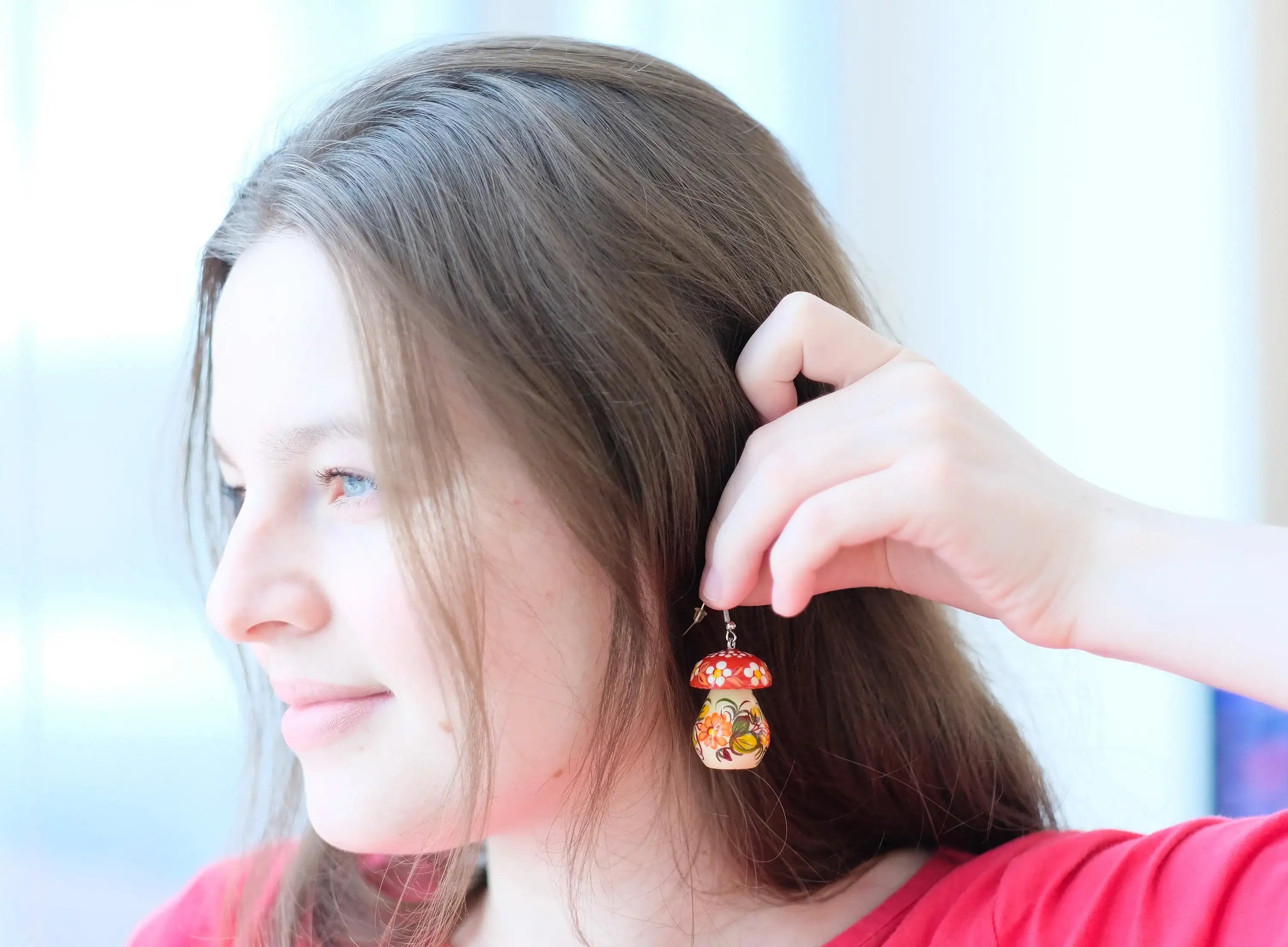 Painted Hypoallergenic Wooden Dangle Drop Mushroom Earrings - Artisanal Statement Earrings