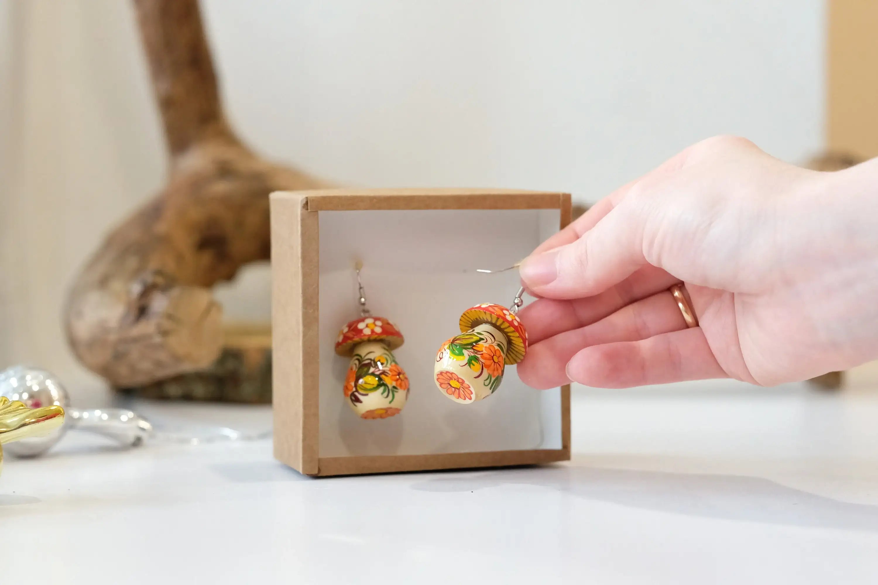 Painted Hypoallergenic Wooden Dangle Drop Mushroom Earrings - Artisanal Statement Earrings