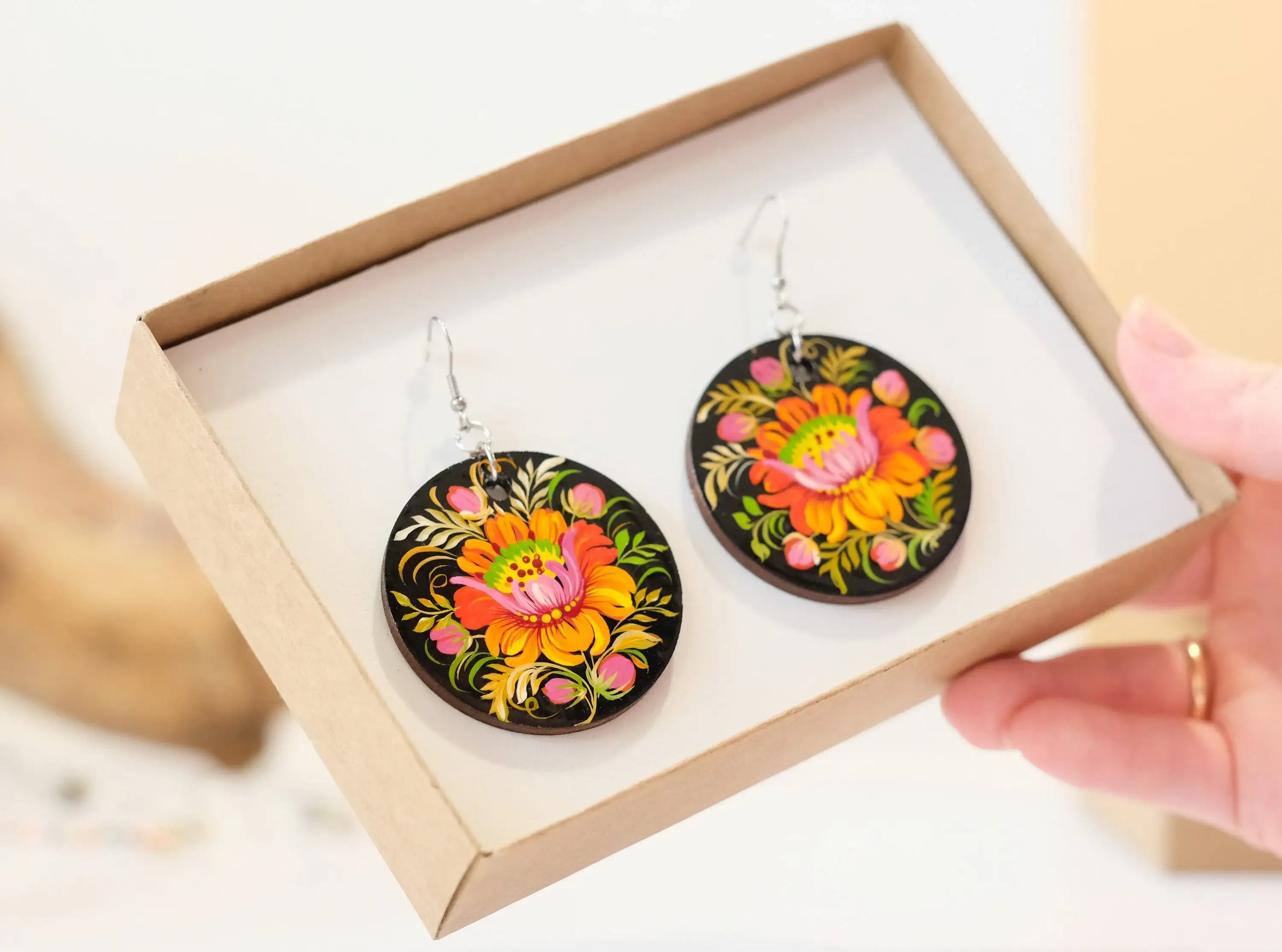 Painted Hypoallergenic Wooden Dangle Drop Earrings - Petrykivka Art, Large Circle Orange Flower Statement Earrings