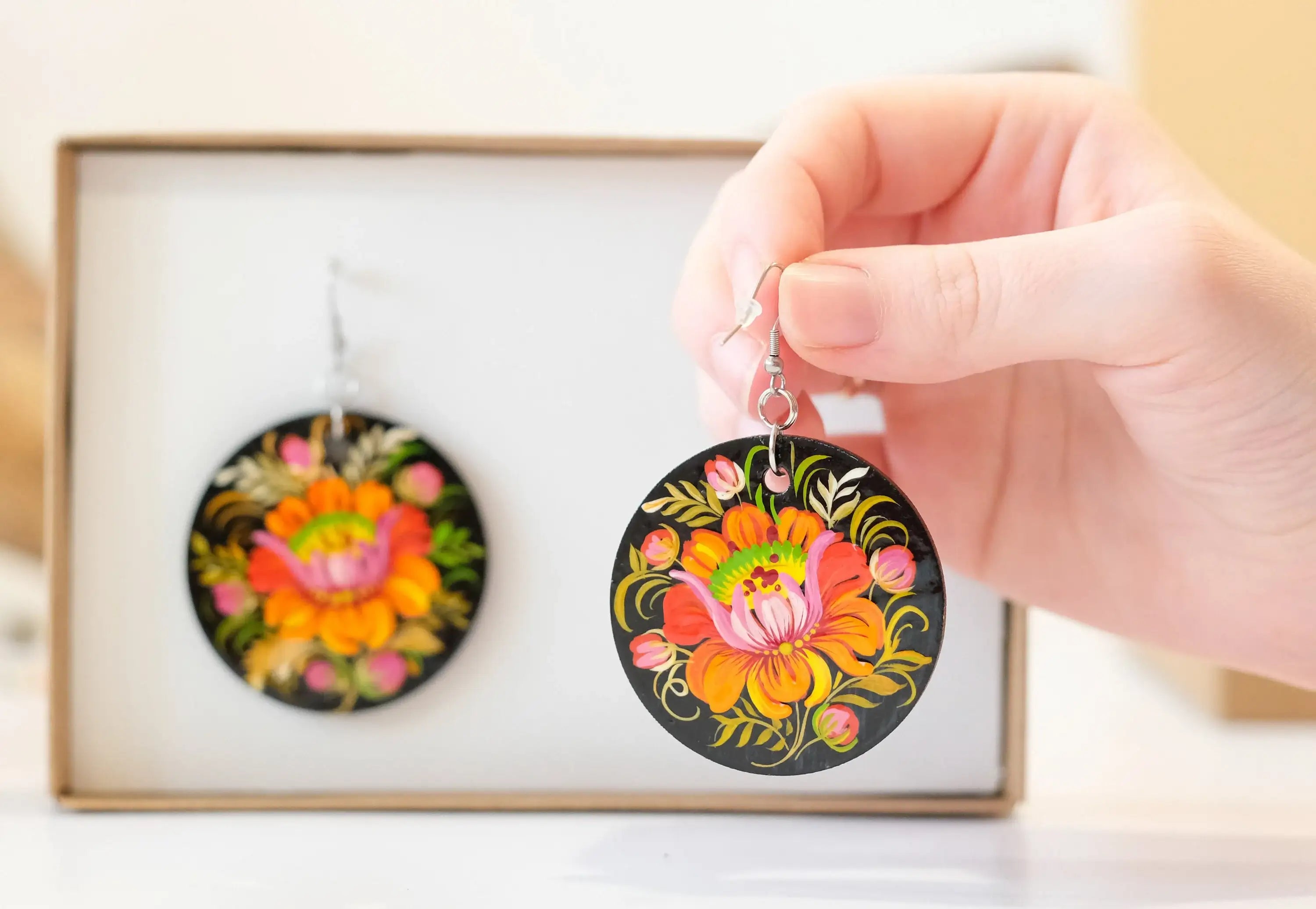 Painted Hypoallergenic Wooden Dangle Drop Earrings - Petrykivka Art, Large Circle Orange Flower Statement Earrings