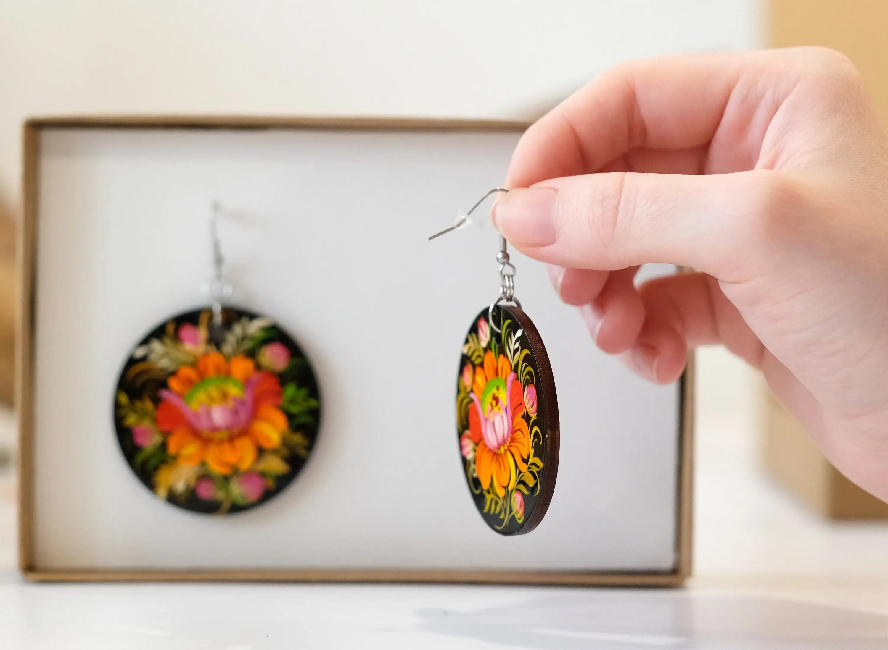 Painted Hypoallergenic Wooden Dangle Drop Earrings - Petrykivka Art, Large Circle Orange Flower Statement Earrings