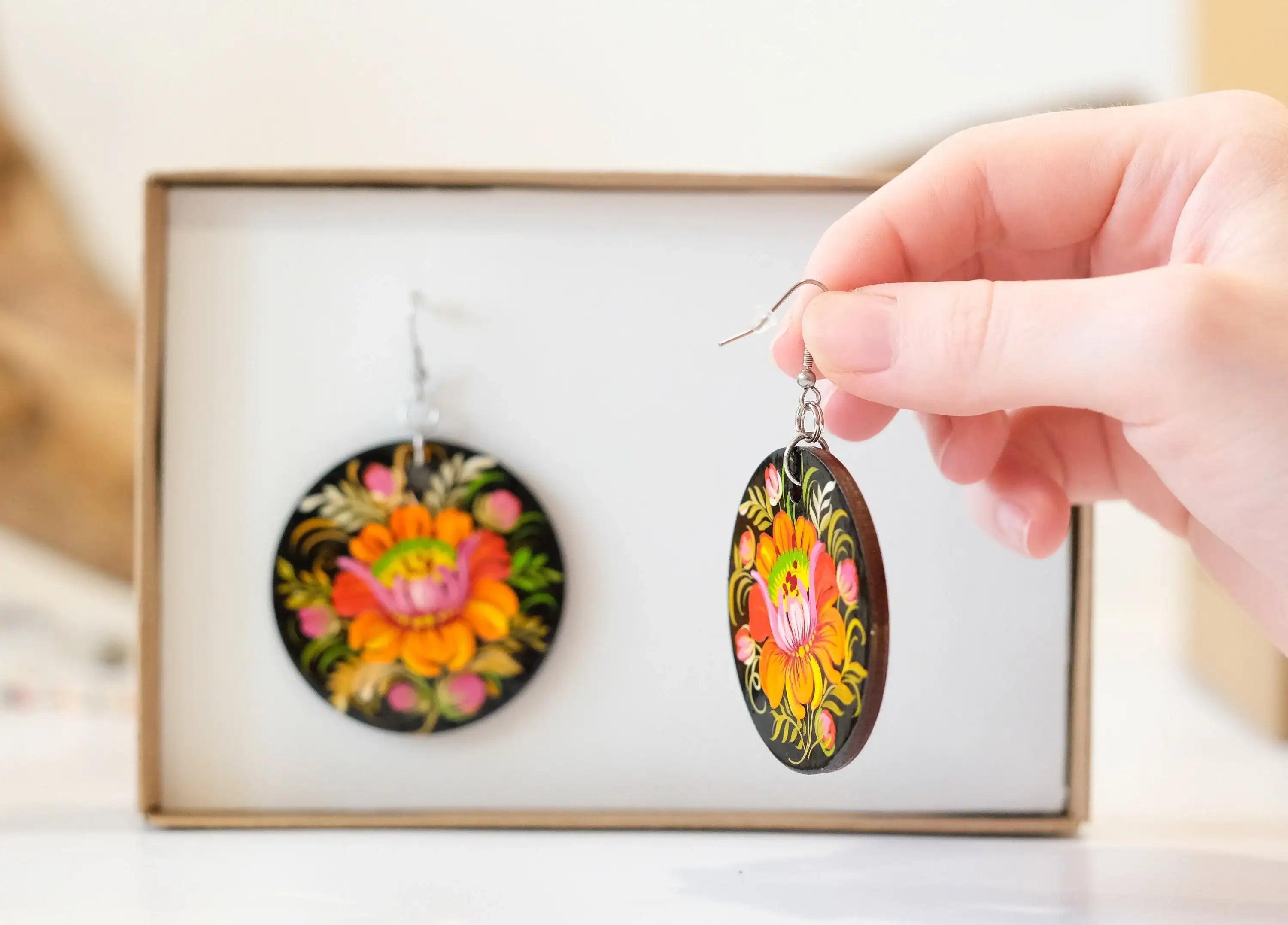 Painted Hypoallergenic Wooden Dangle Drop Earrings - Petrykivka Art, Large Circle Orange Flower Statement Earrings