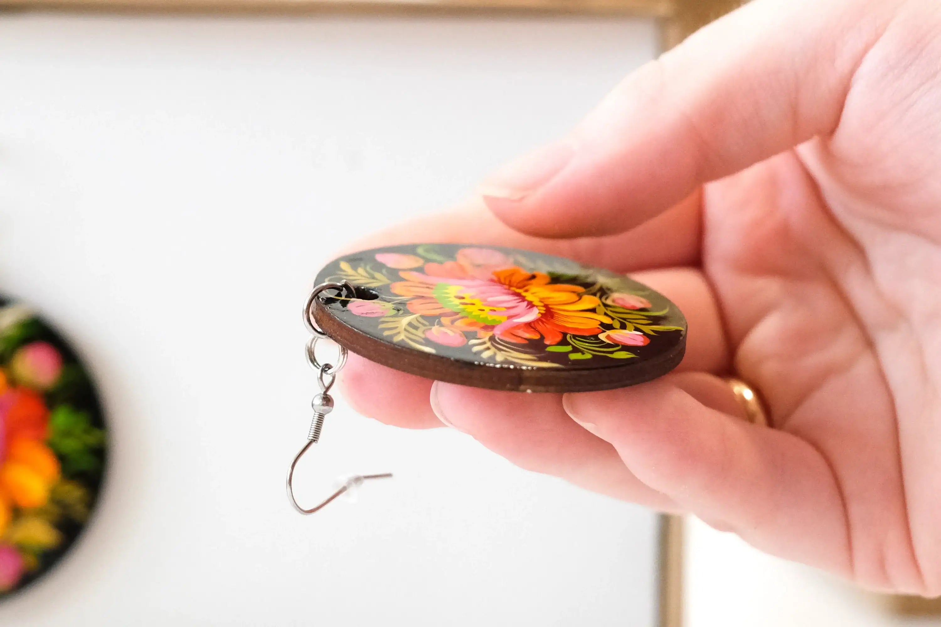 Painted Hypoallergenic Wooden Dangle Drop Earrings - Petrykivka Art, Large Circle Orange Flower Statement Earrings