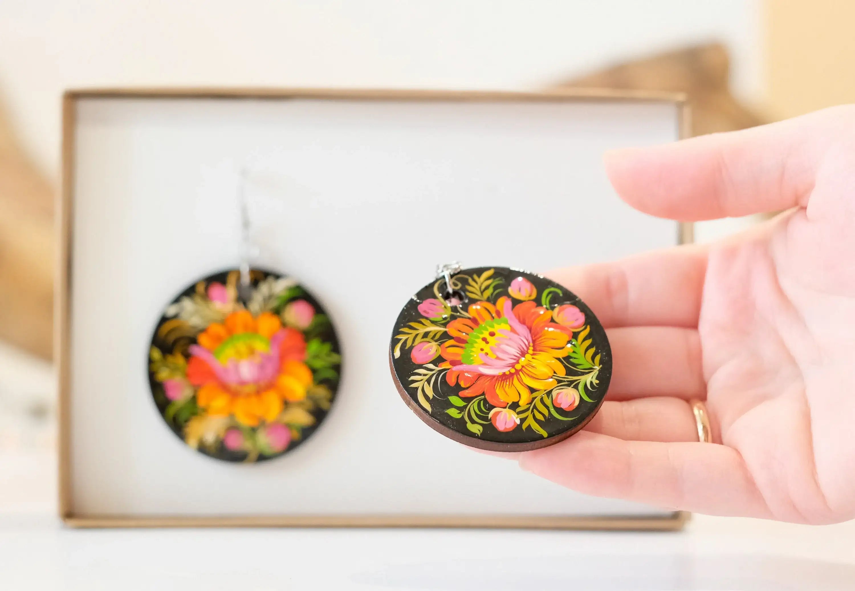 Painted Hypoallergenic Wooden Dangle Drop Earrings - Petrykivka Art, Large Circle Orange Flower Statement Earrings