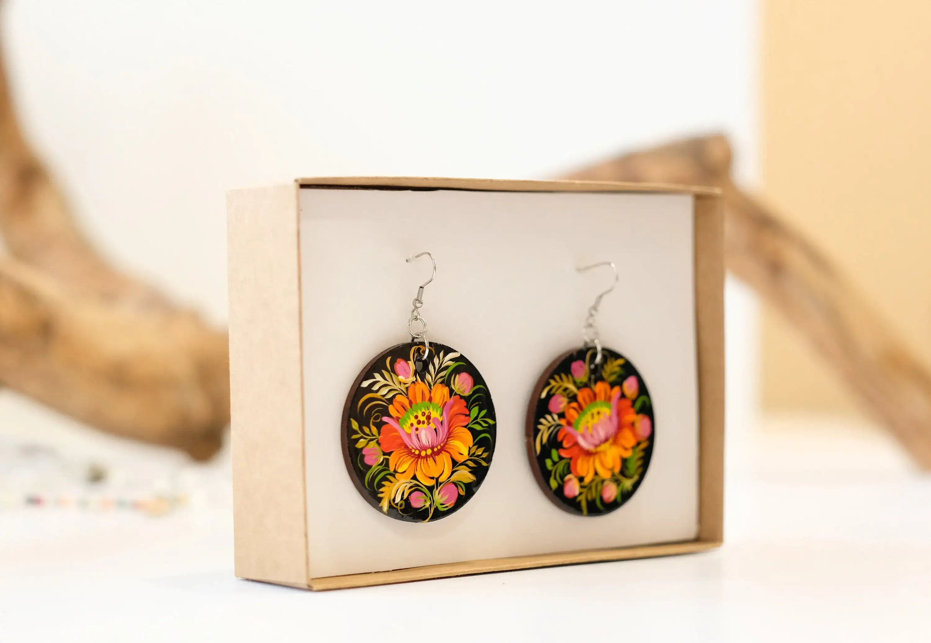 Painted Hypoallergenic Wooden Dangle Drop Earrings - Petrykivka Art, Large Circle Orange Flower Statement Earrings