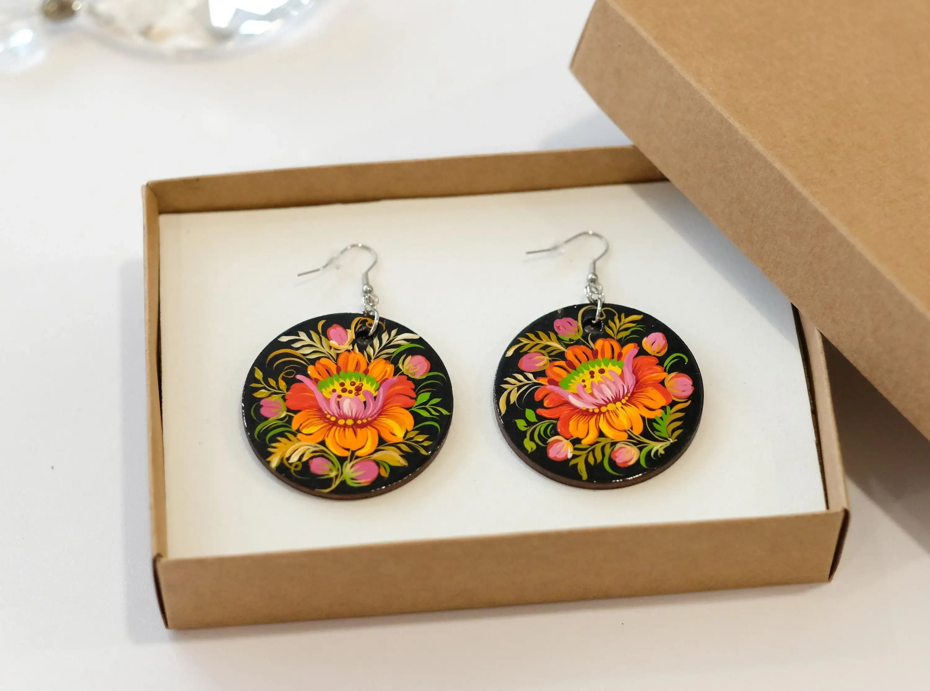 Painted Hypoallergenic Wooden Dangle Drop Earrings - Petrykivka Art, Large Circle Orange Flower Statement Earrings