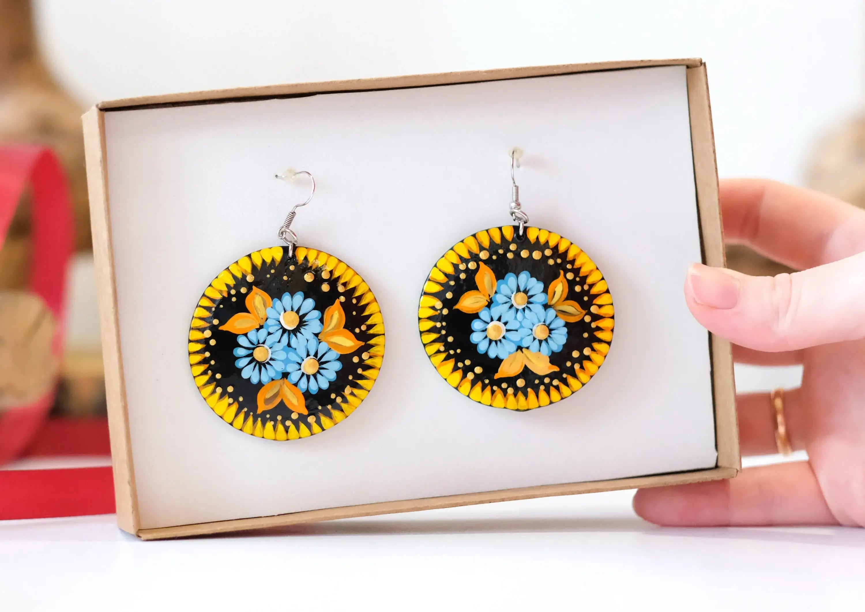 Painted Wooden Bee Earrings - Dangle Drop Hypoallergenic Large Circle Statement Necklace