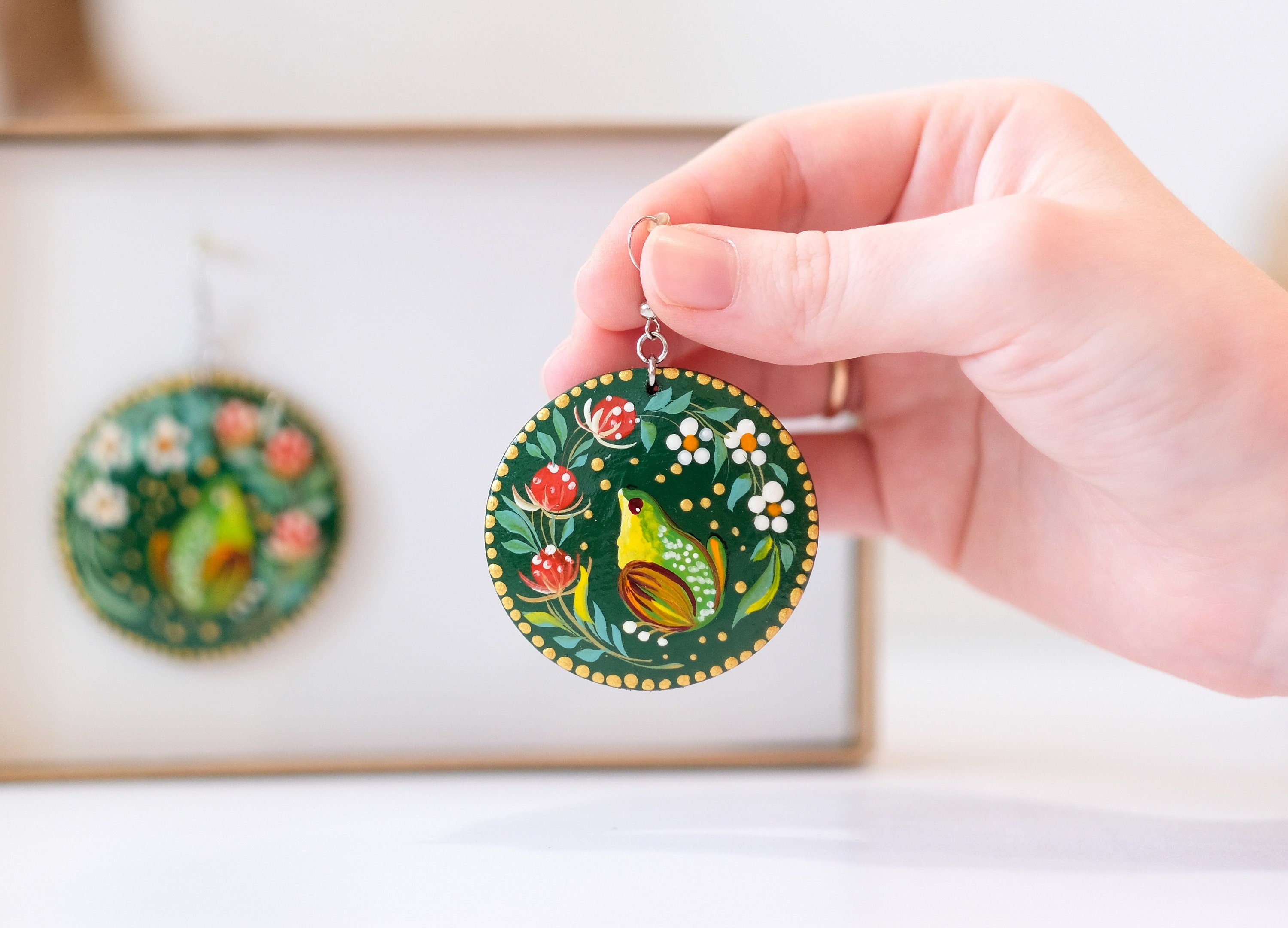 Hypoallergenic Painted Wooden Frog Earrings - Artisanal Dangle Drop Large Circle Statement, Emerald Green