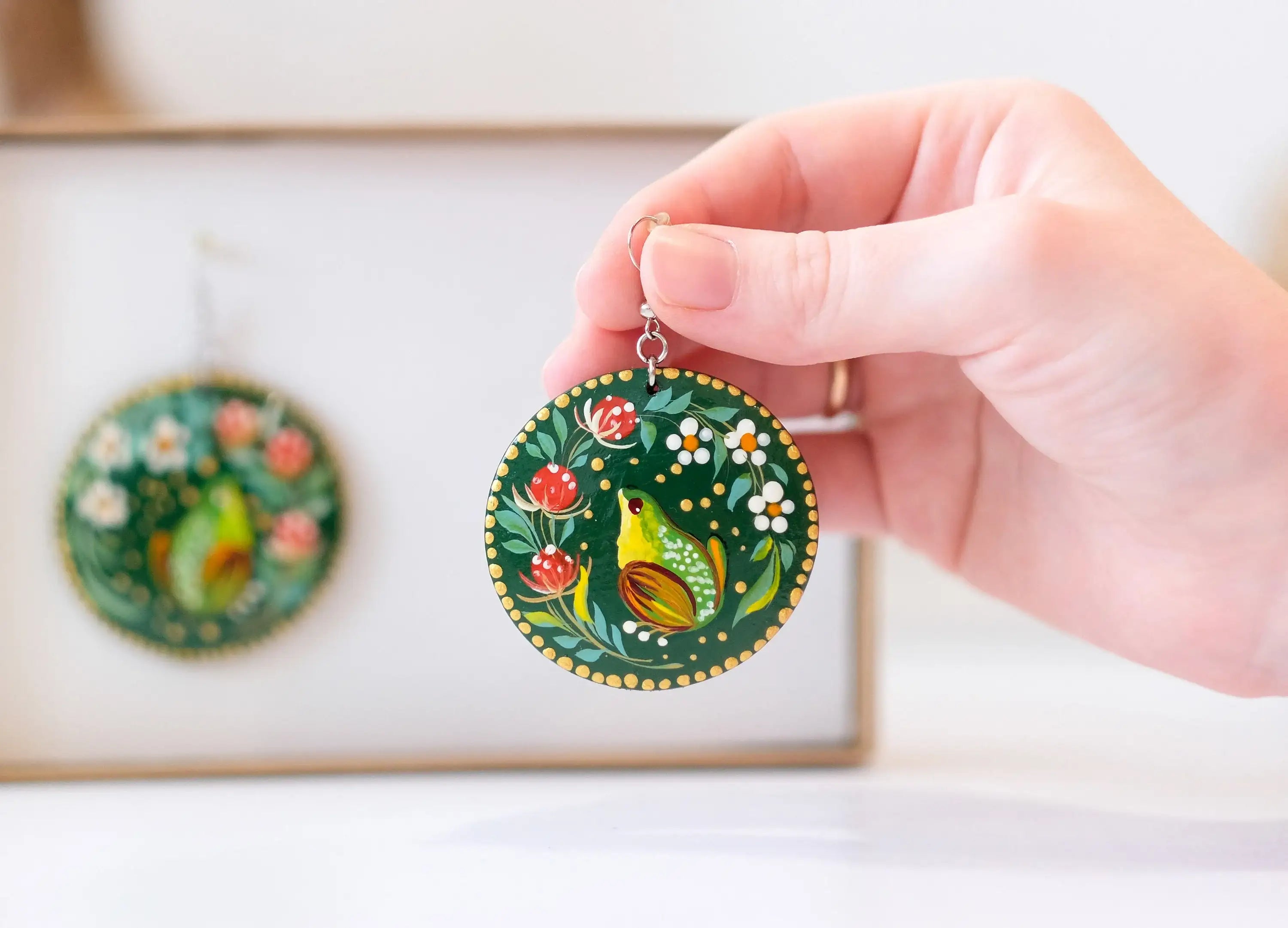Hypoallergenic Painted Wooden Frog Earrings - Artisanal Dangle Drop Large Circle Statement, Emerald Green