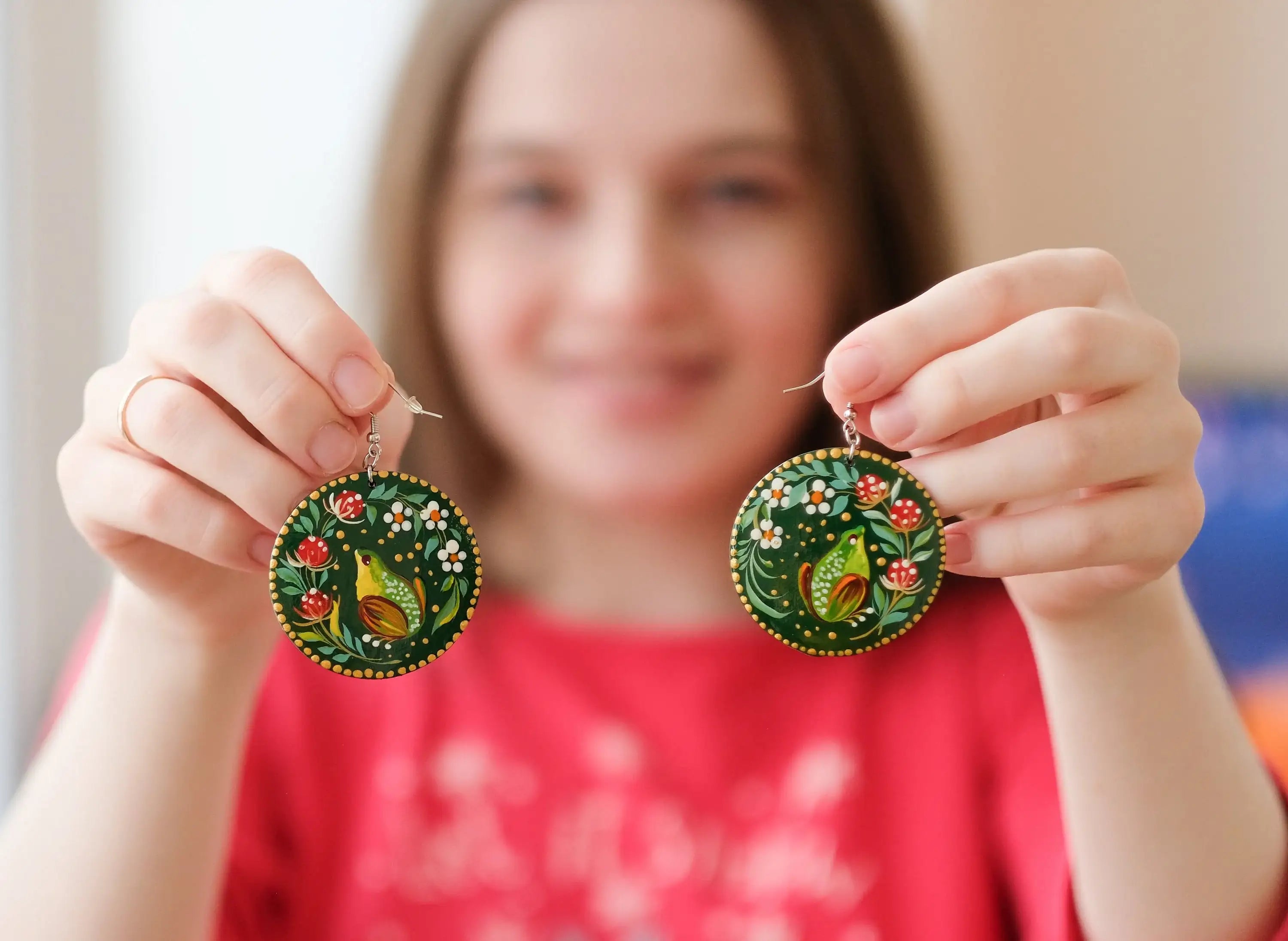 Hypoallergenic Painted Wooden Frog Earrings - Artisanal Dangle Drop Large Circle Statement, Emerald Green