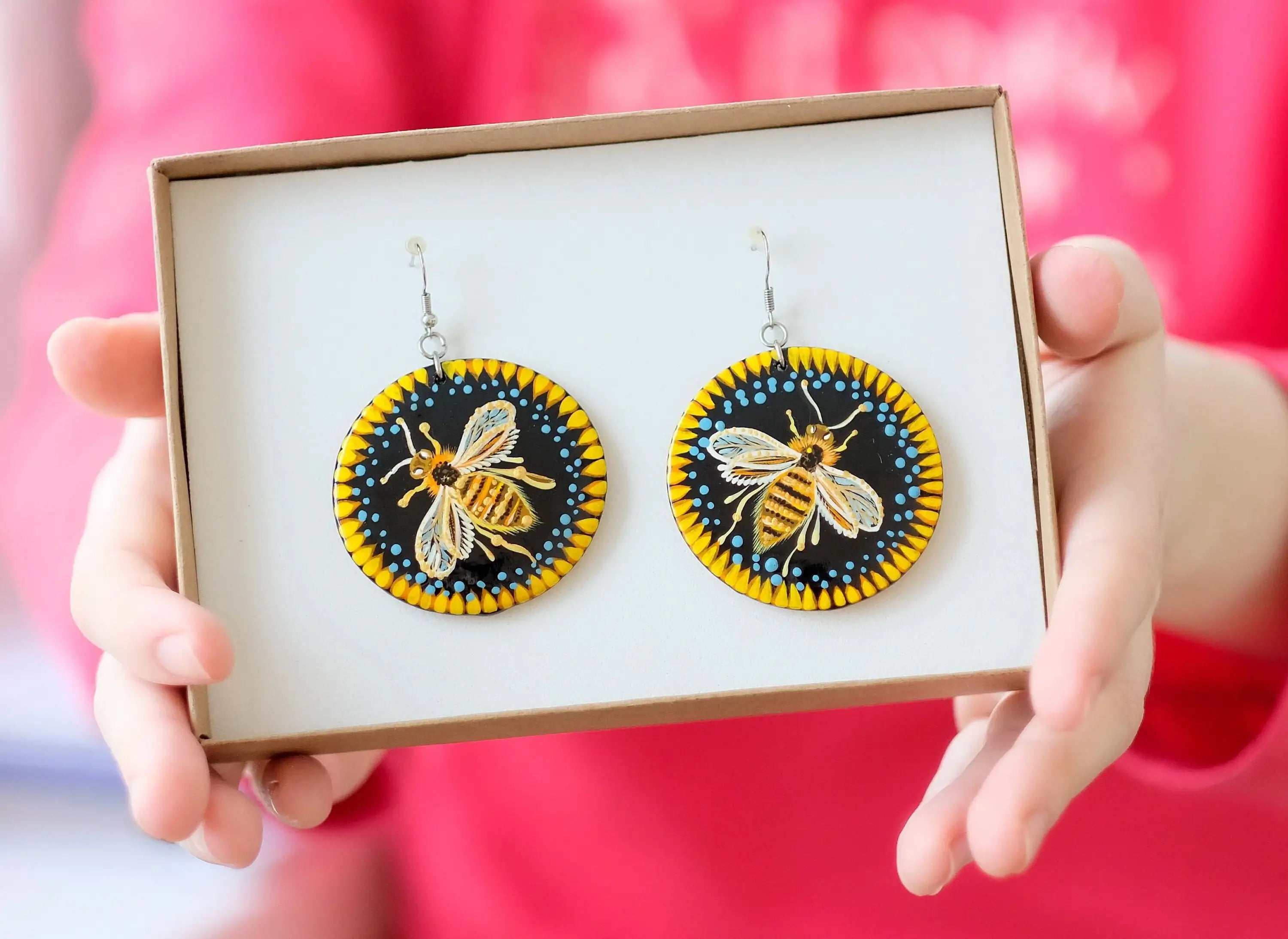 Painted Wooden Bee Earrings - Dangle Drop Hypoallergenic Large Circle Statement Necklace