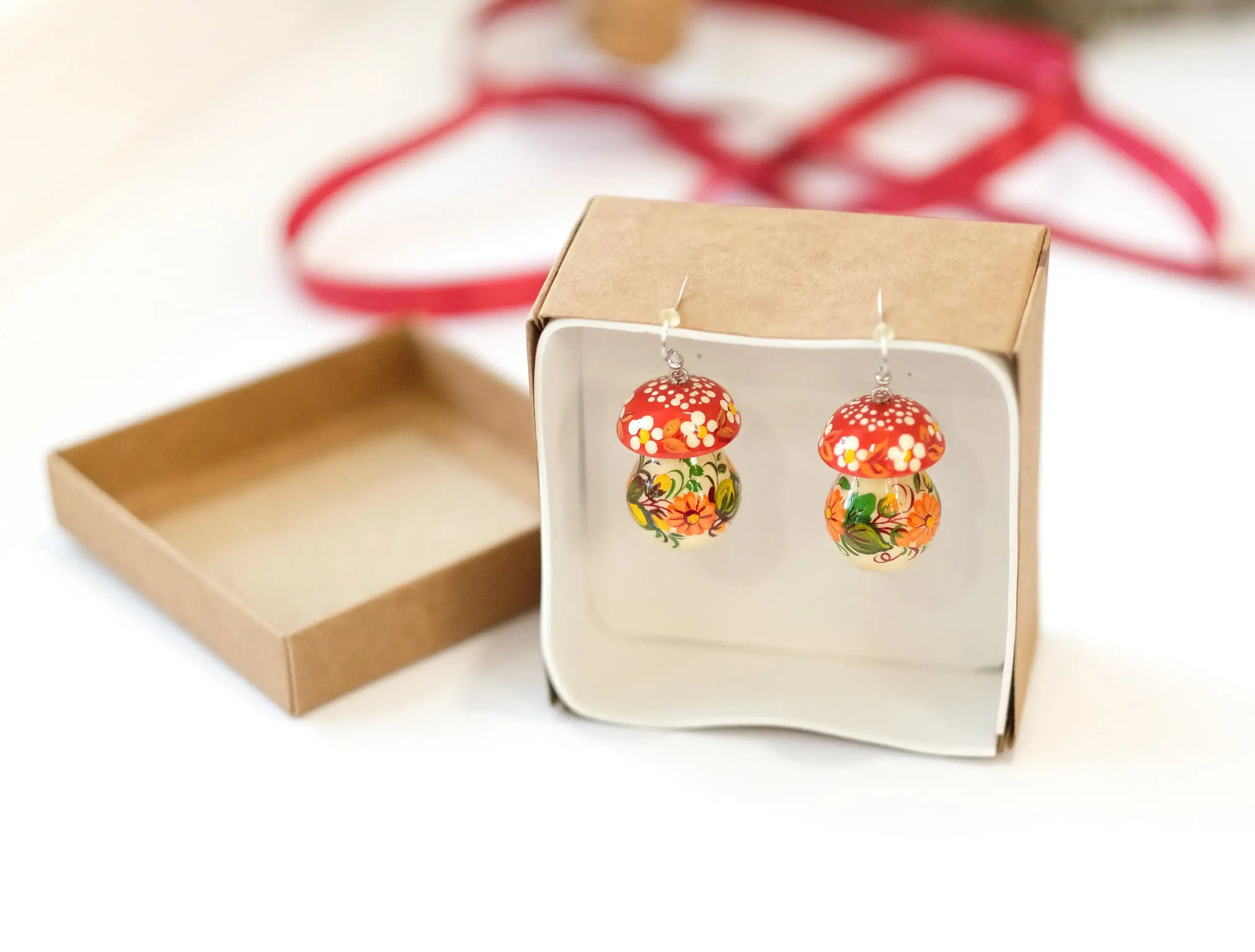 Painted Hypoallergenic Wooden Dangle Drop Mushroom Earrings - Artisanal Statement Earrings
