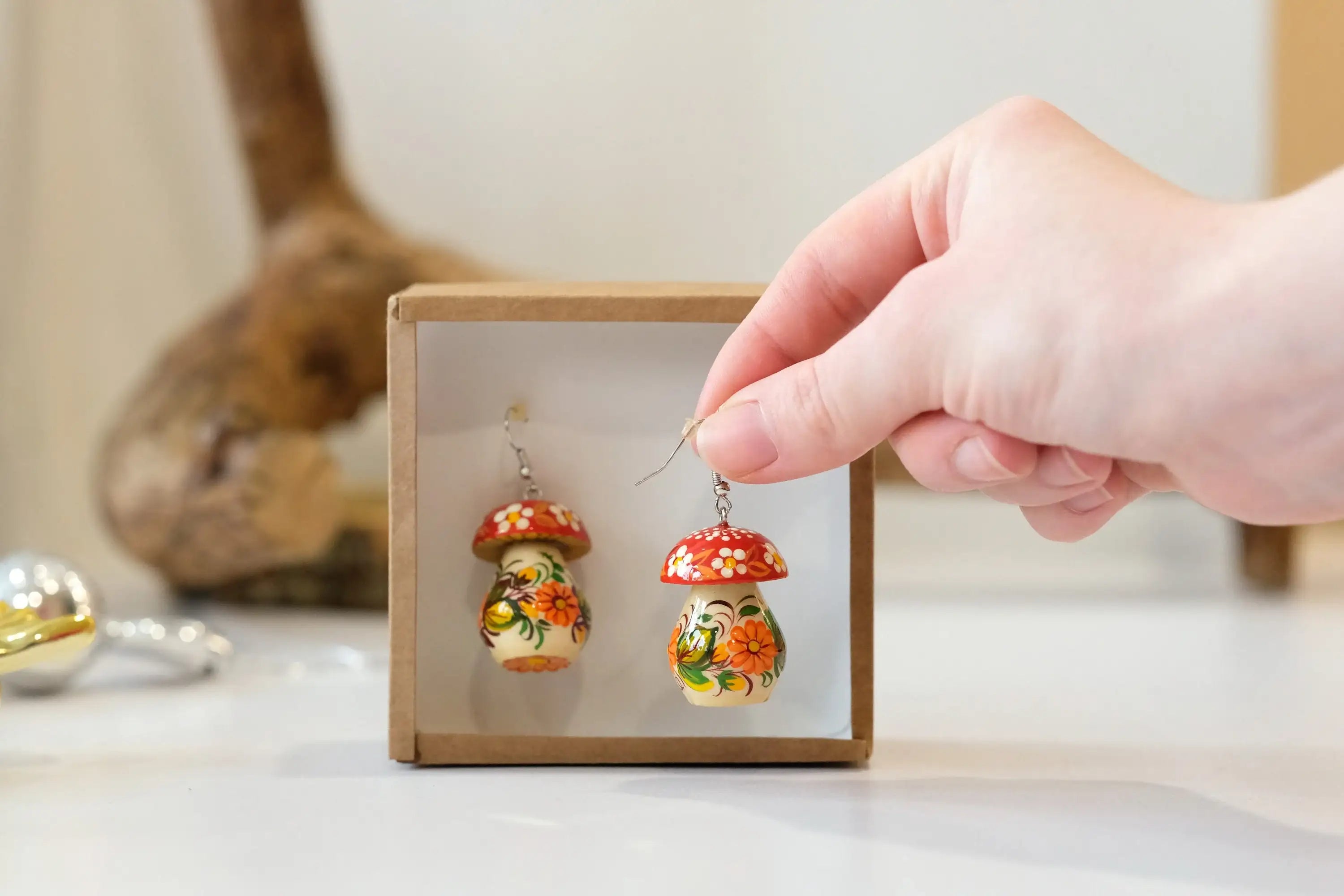 Painted Hypoallergenic Wooden Dangle Drop Mushroom Earrings - Artisanal Statement Earrings