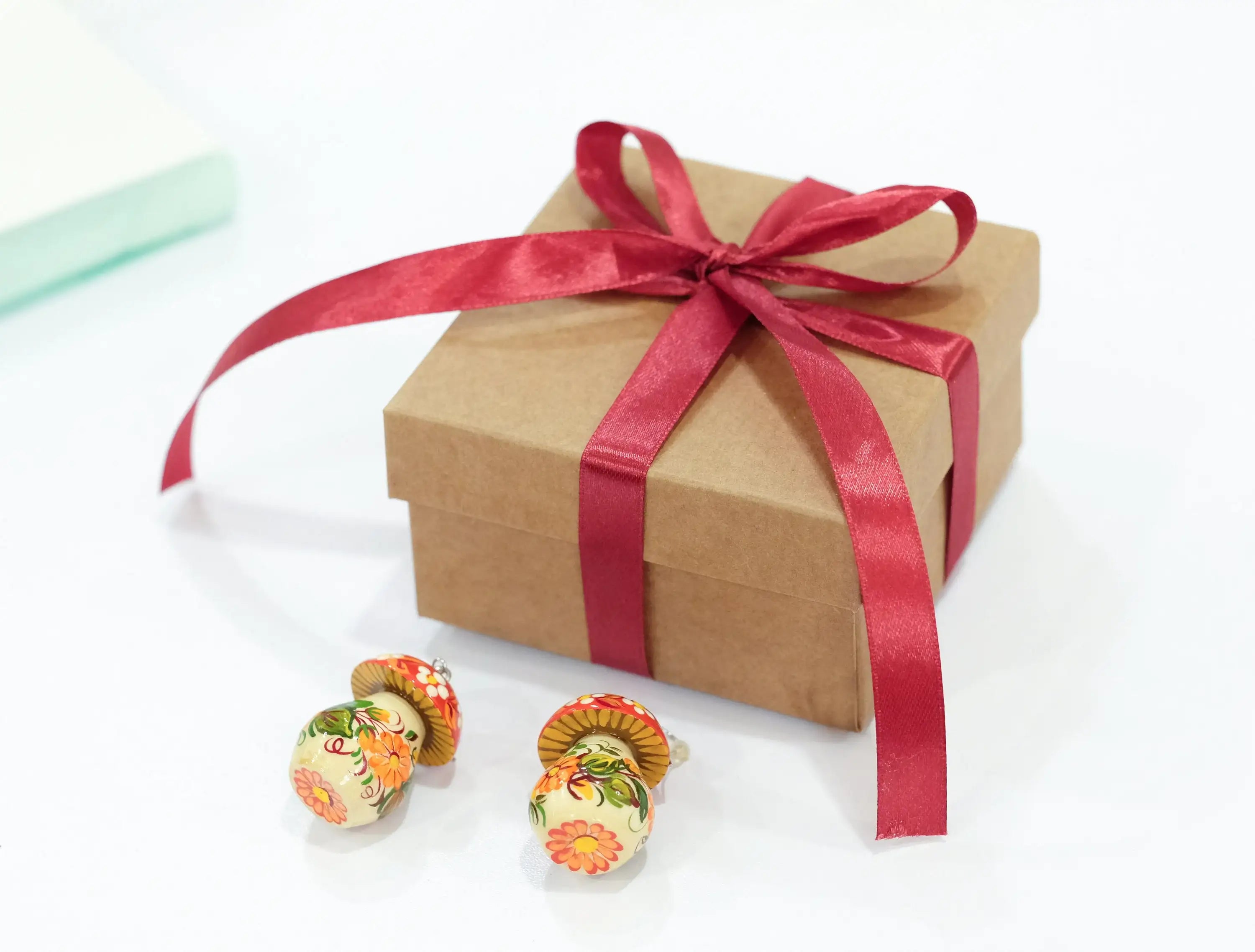 Painted Hypoallergenic Wooden Dangle Drop Mushroom Earrings - Artisanal Statement Earrings