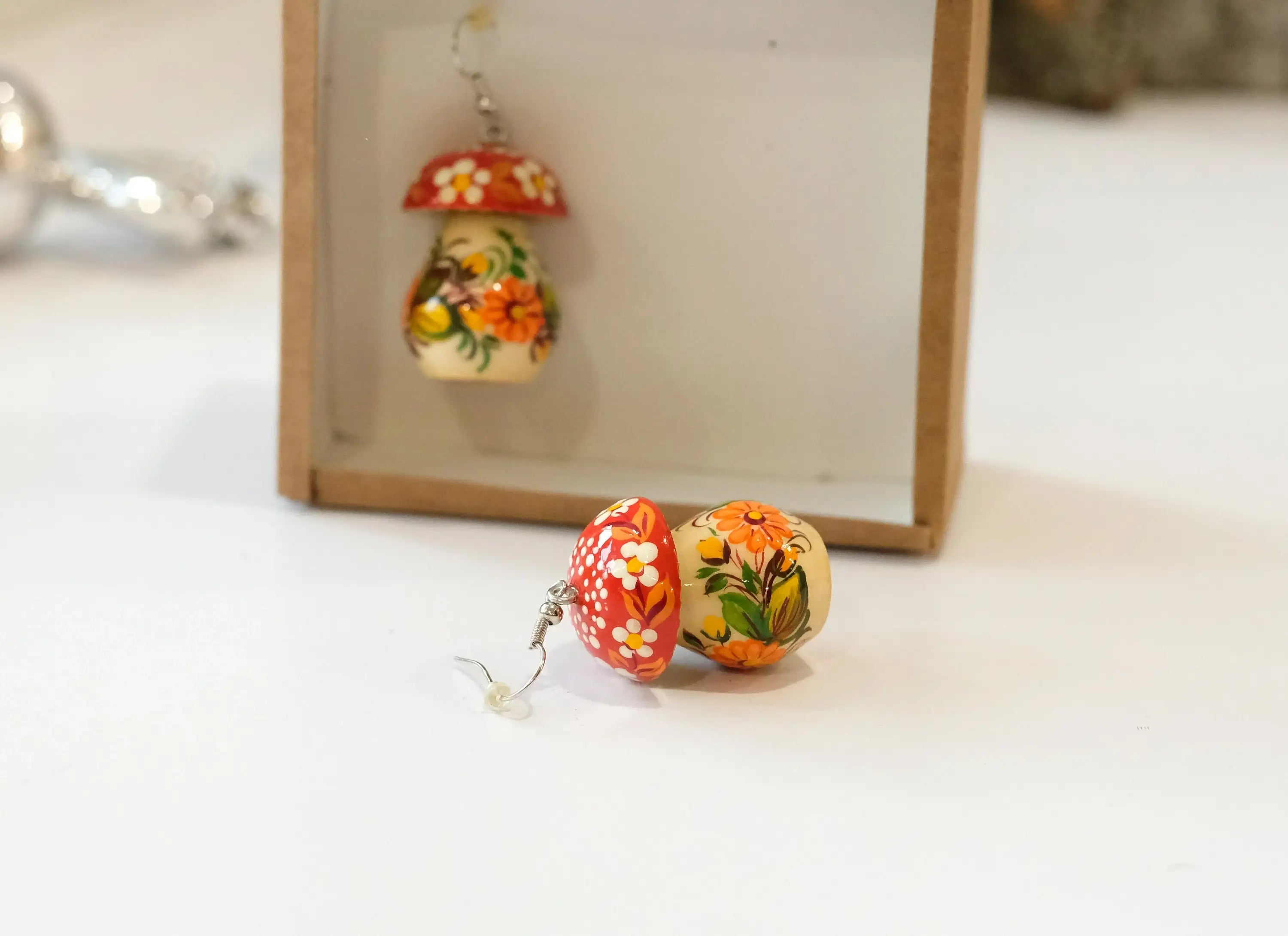 Painted Hypoallergenic Wooden Dangle Drop Mushroom Earrings - Artisanal Statement Earrings