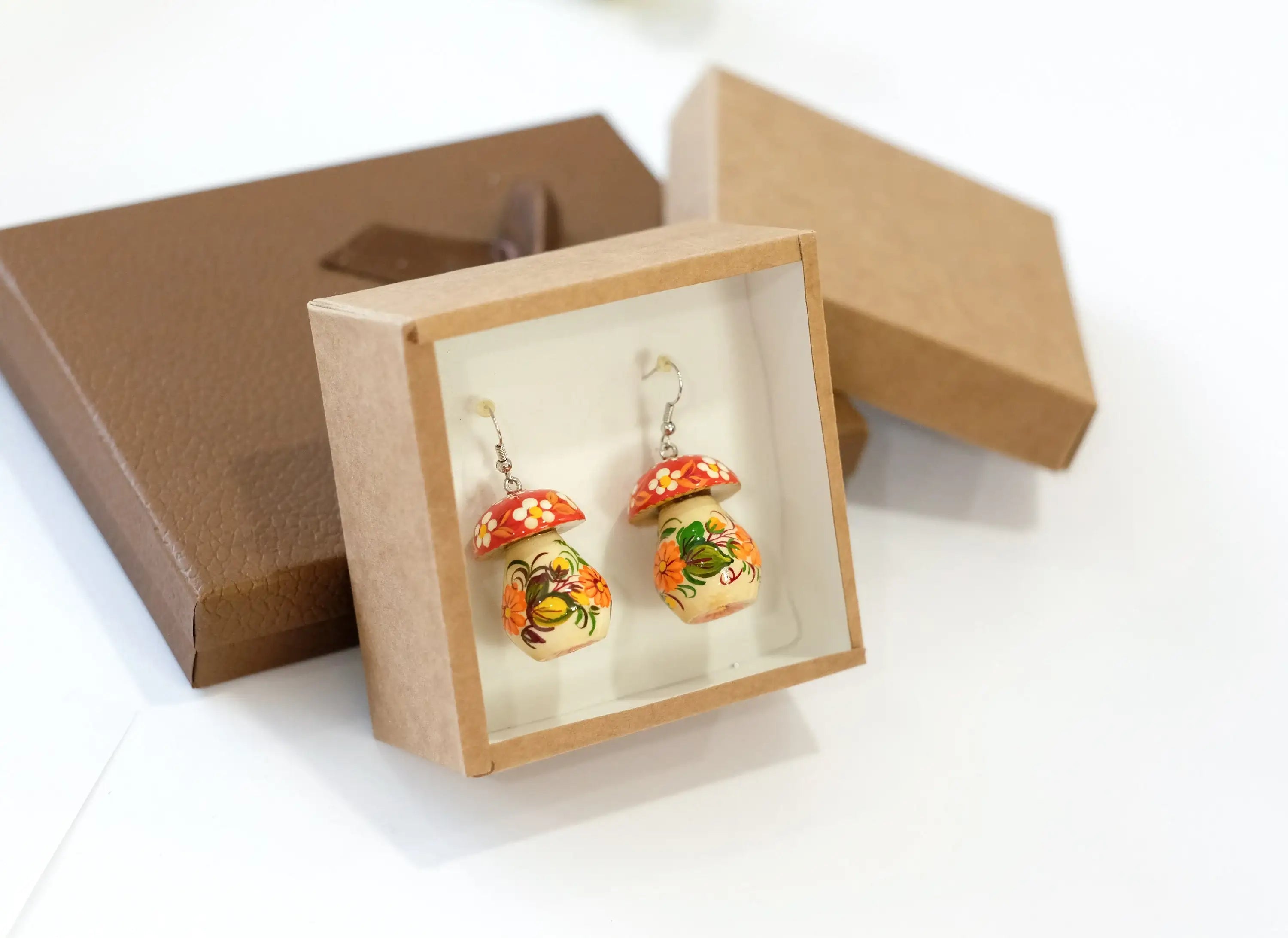 Painted Hypoallergenic Wooden Dangle Drop Mushroom Earrings - Artisanal Statement Earrings