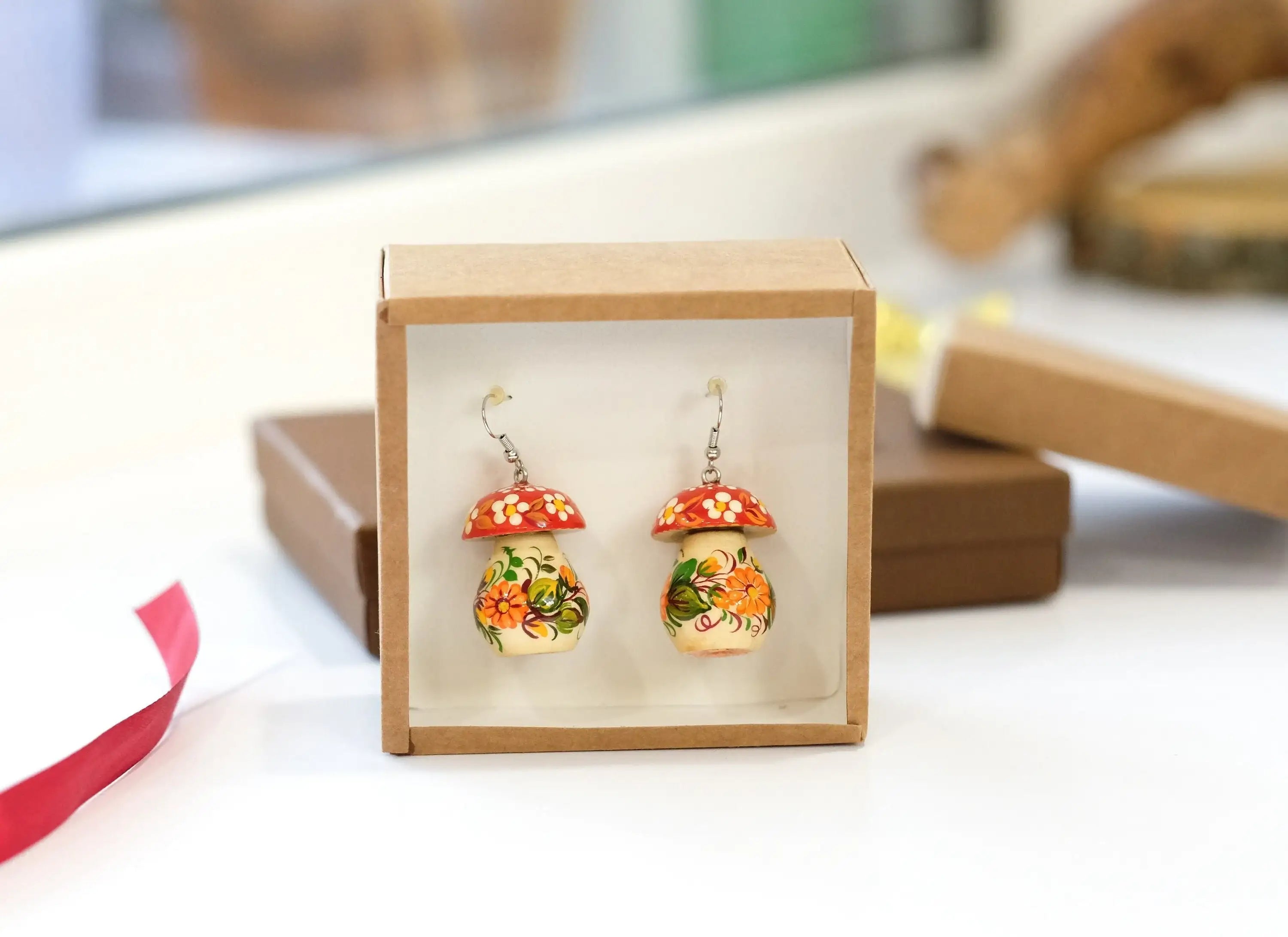 Painted Hypoallergenic Wooden Dangle Drop Mushroom Earrings - Artisanal Statement Earrings