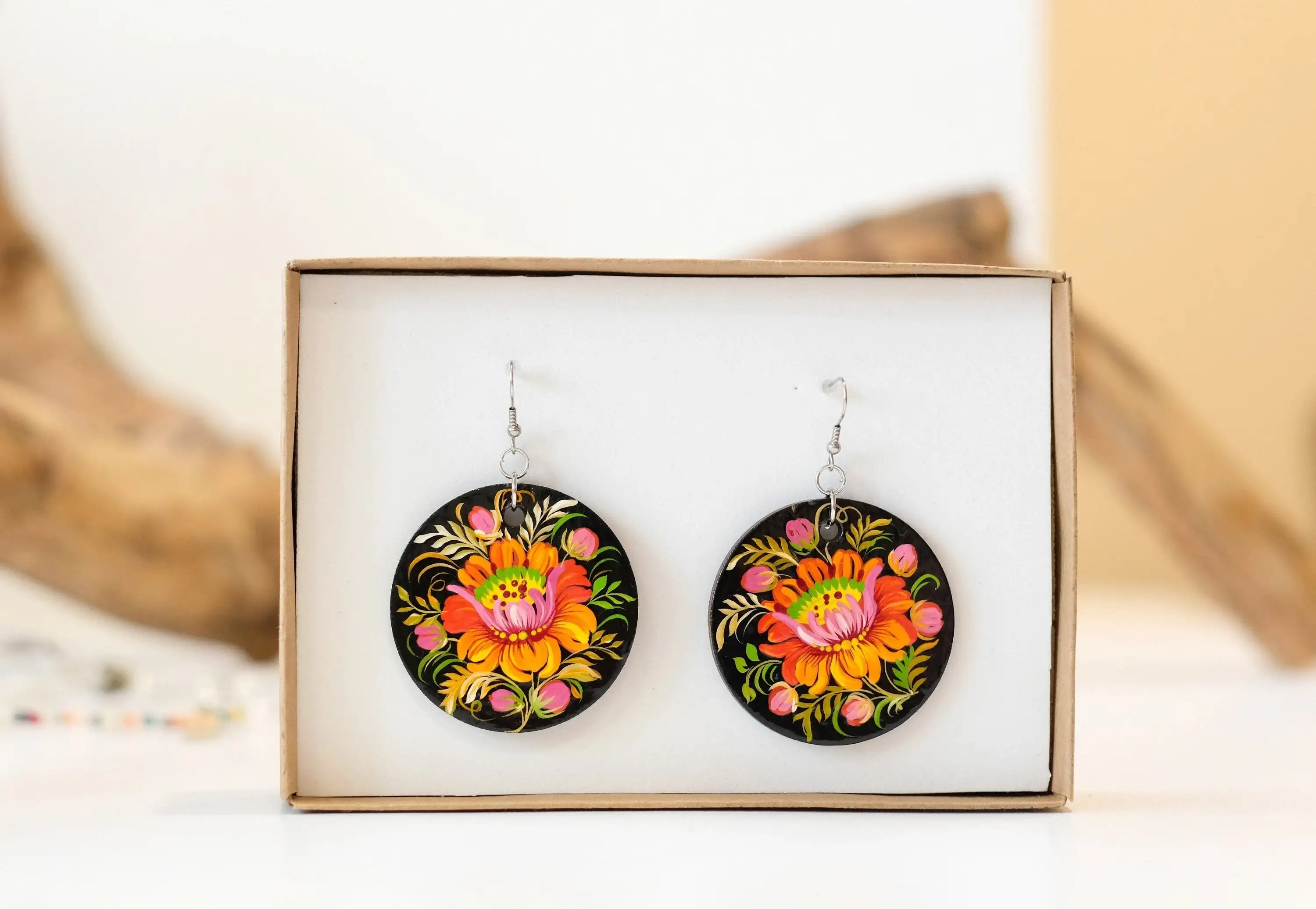 Painted Hypoallergenic Wooden Dangle Drop Earrings - Petrykivka Art, Large Circle Orange Flower Statement Earrings