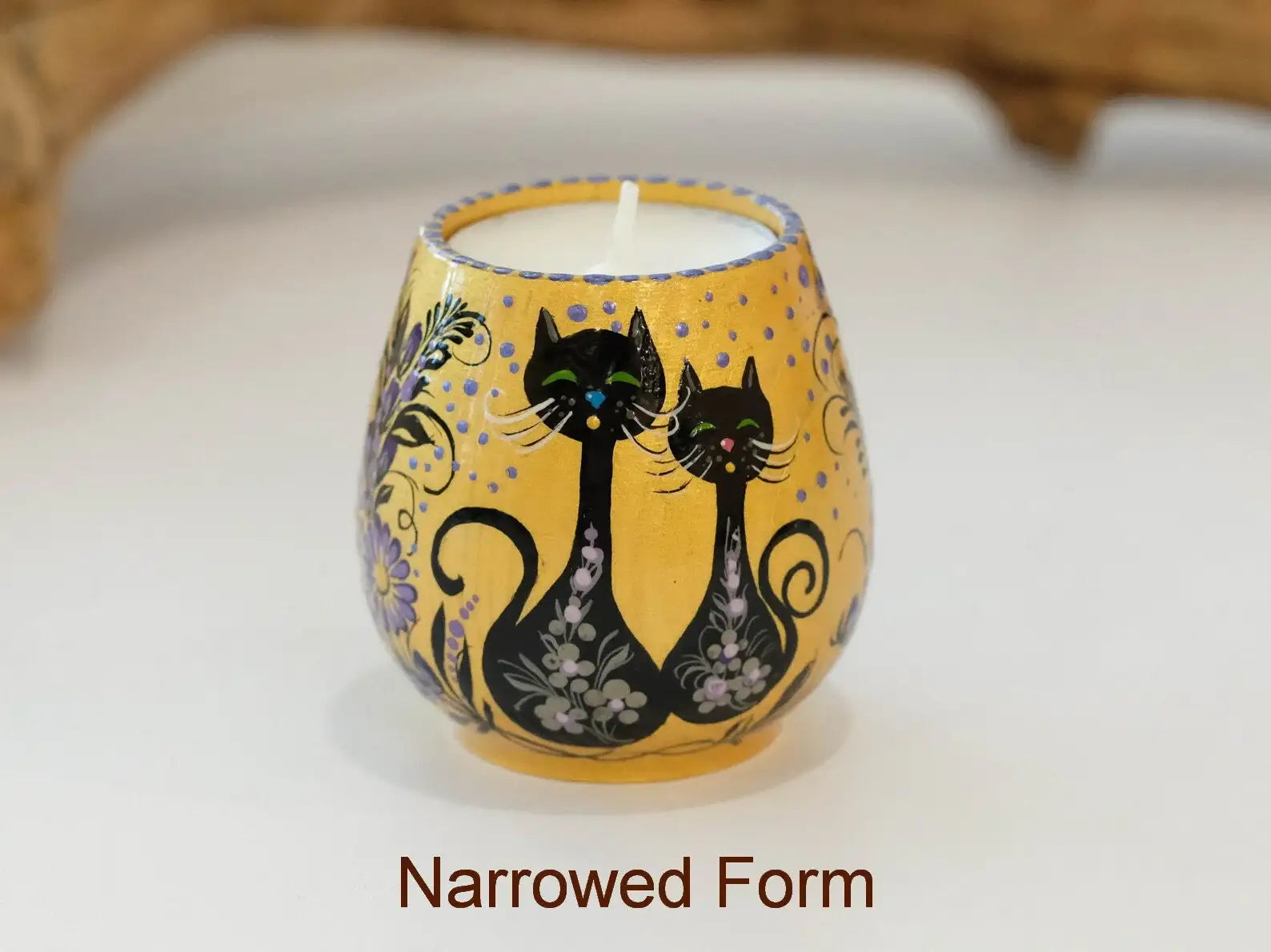 Painted Wooden Halloween Black Cat Candle Holder - Handmade Tea Light Holder Carved from Wood