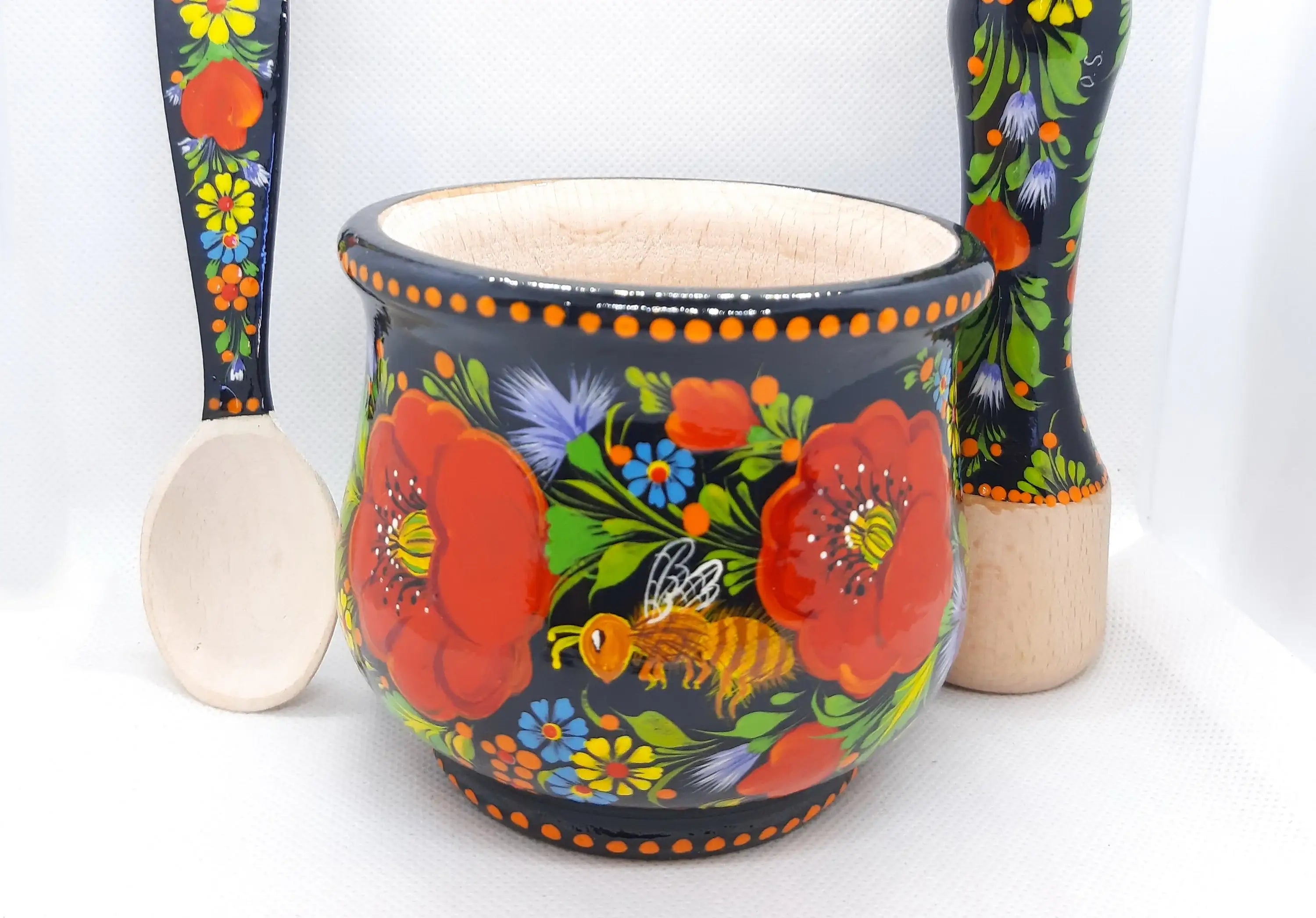 Mortar and Pestle set, Bee mortar and pestle, Wooden spices masher, Herb grinding bowl, Painted red flower crush pot, Ukraine Petrylivka art