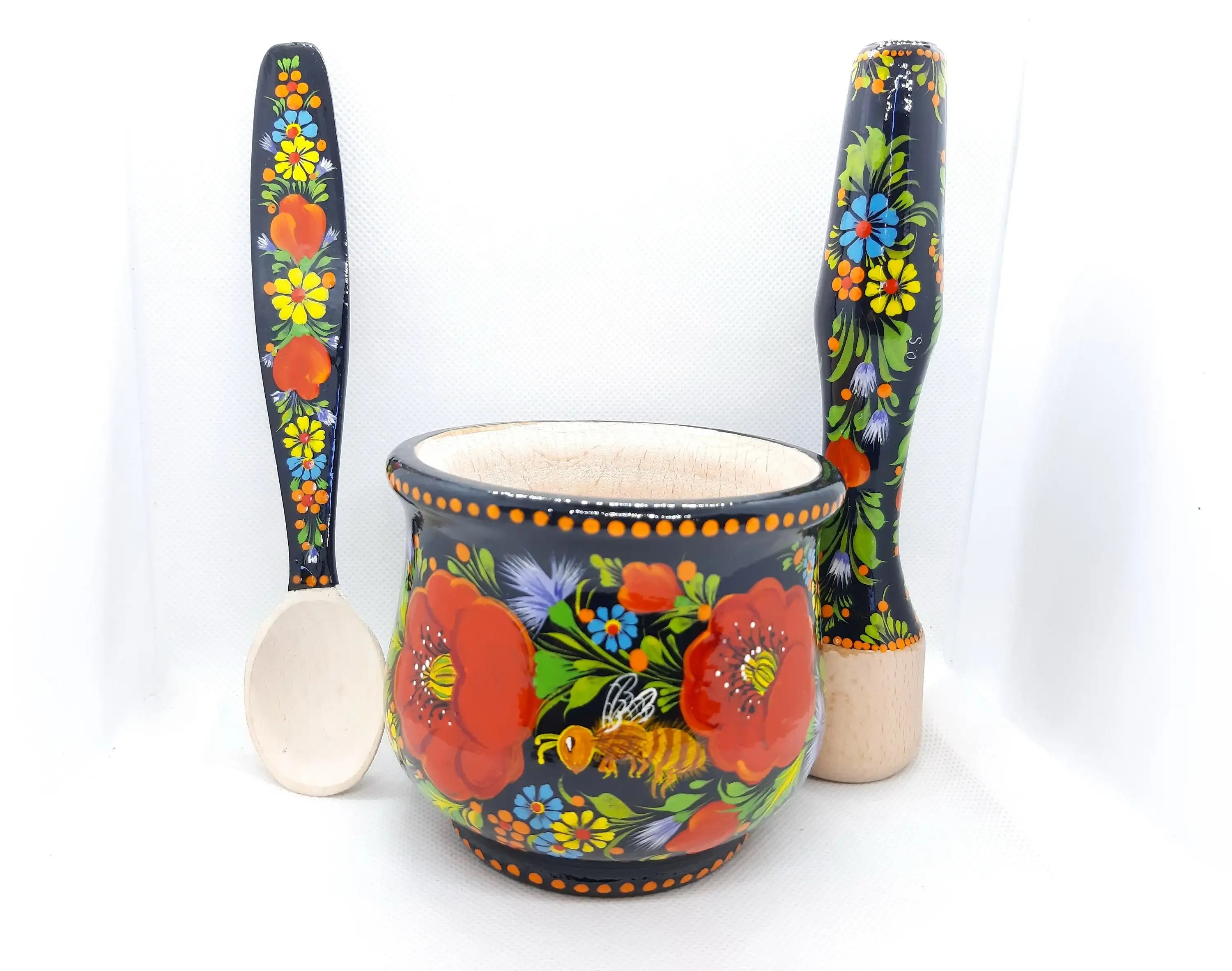 Mortar and Pestle set, Bee mortar and pestle, Wooden spices masher, Herb grinding bowl, Painted red flower crush pot, Ukraine Petrylivka art