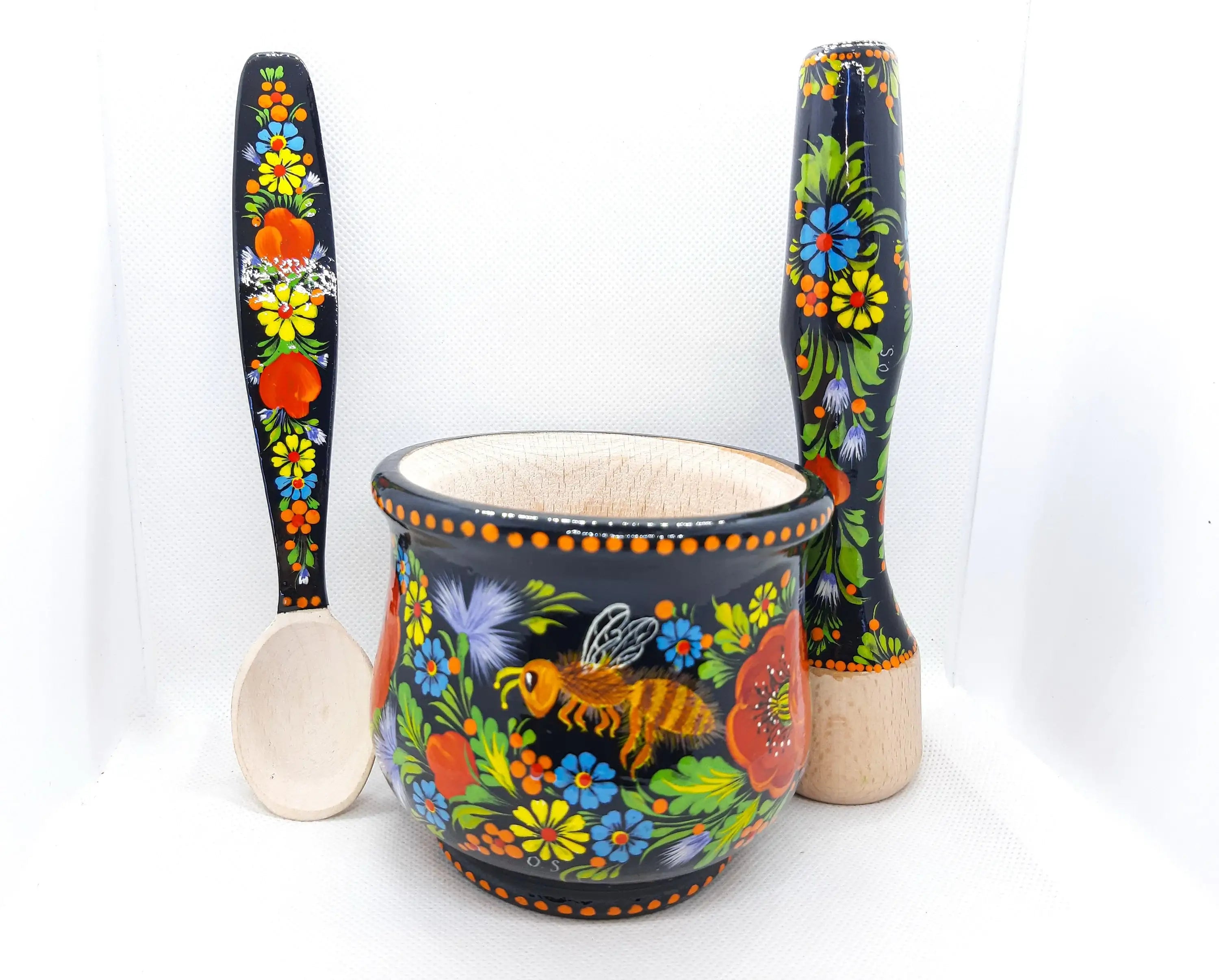 Mortar and Pestle set, Bee mortar and pestle, Wooden spices masher, Herb grinding bowl, Painted red flower crush pot, Ukraine Petrylivka art