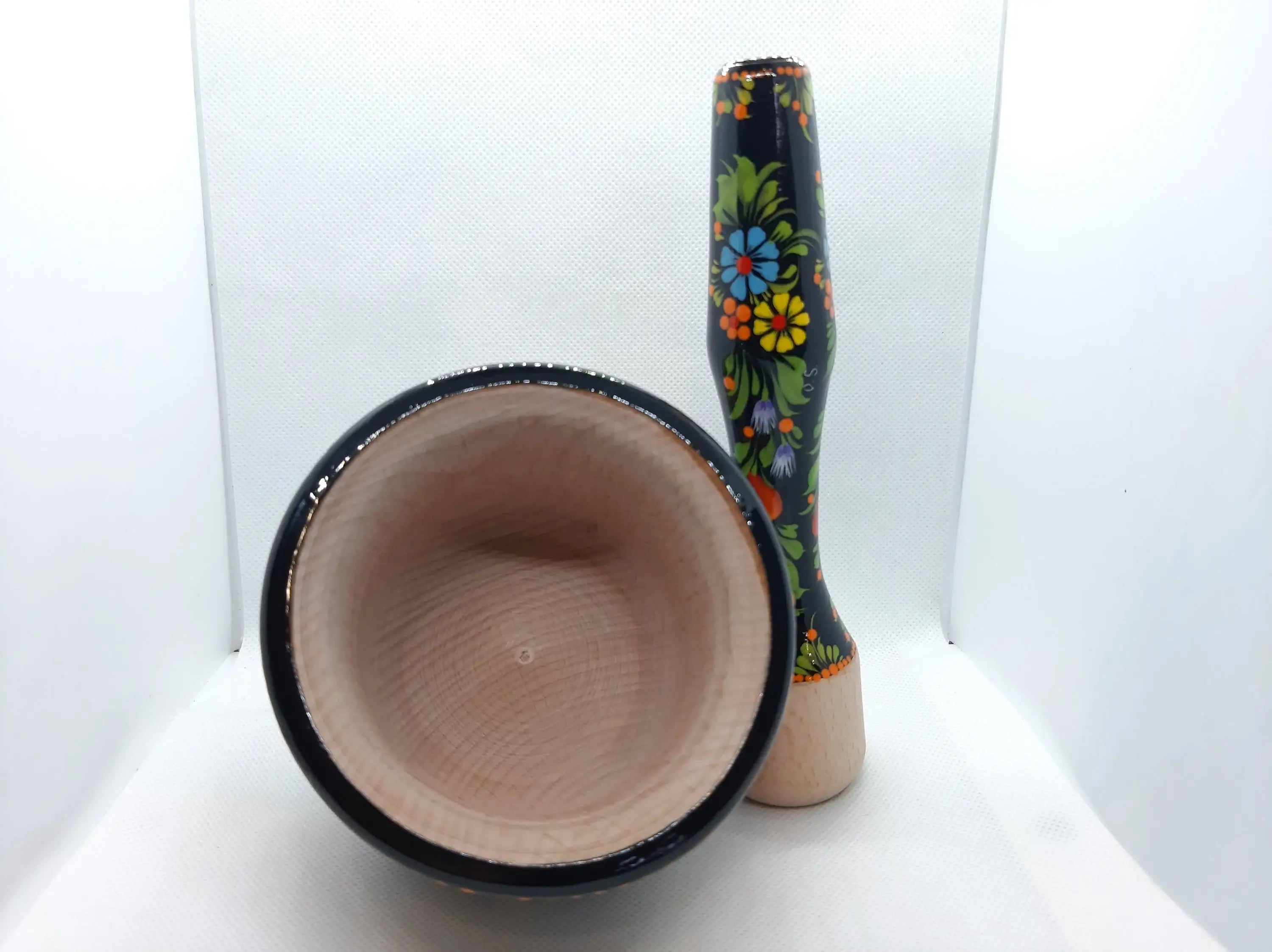 Mortar and Pestle set, Bee mortar and pestle, Wooden spices masher, Herb grinding bowl, Painted red flower crush pot, Ukraine Petrylivka art