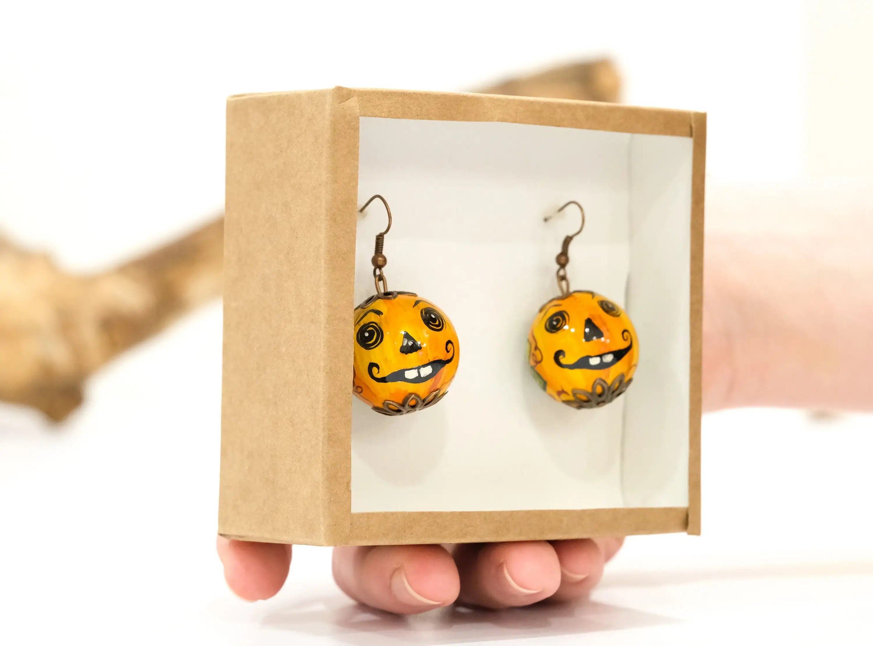 Painted Wooden Pumpkin Face Earrings- Lightweight Dangle Drop Halloween Earrings