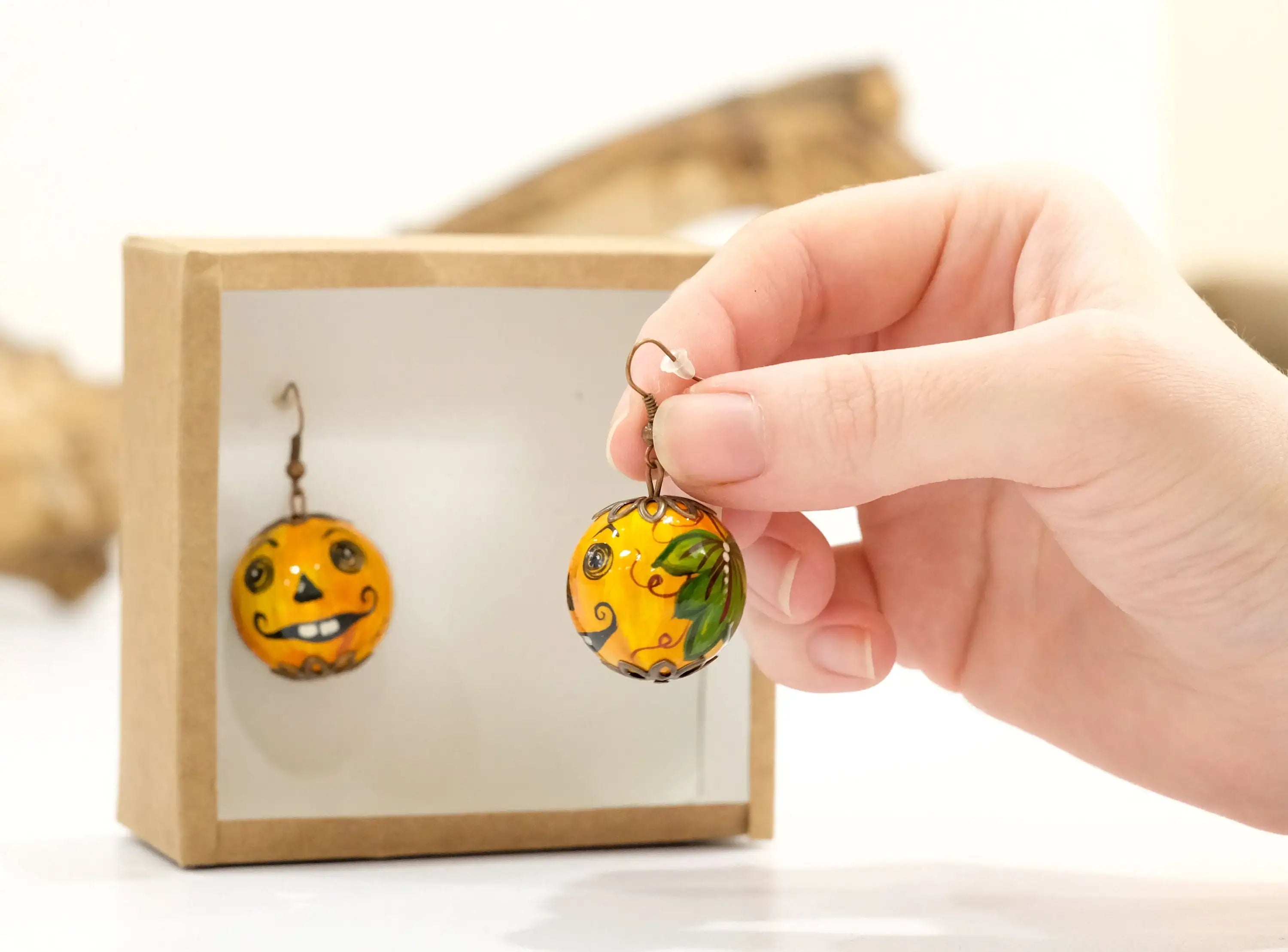 Painted Wooden Pumpkin Face Earrings- Lightweight Dangle Drop Halloween Earrings