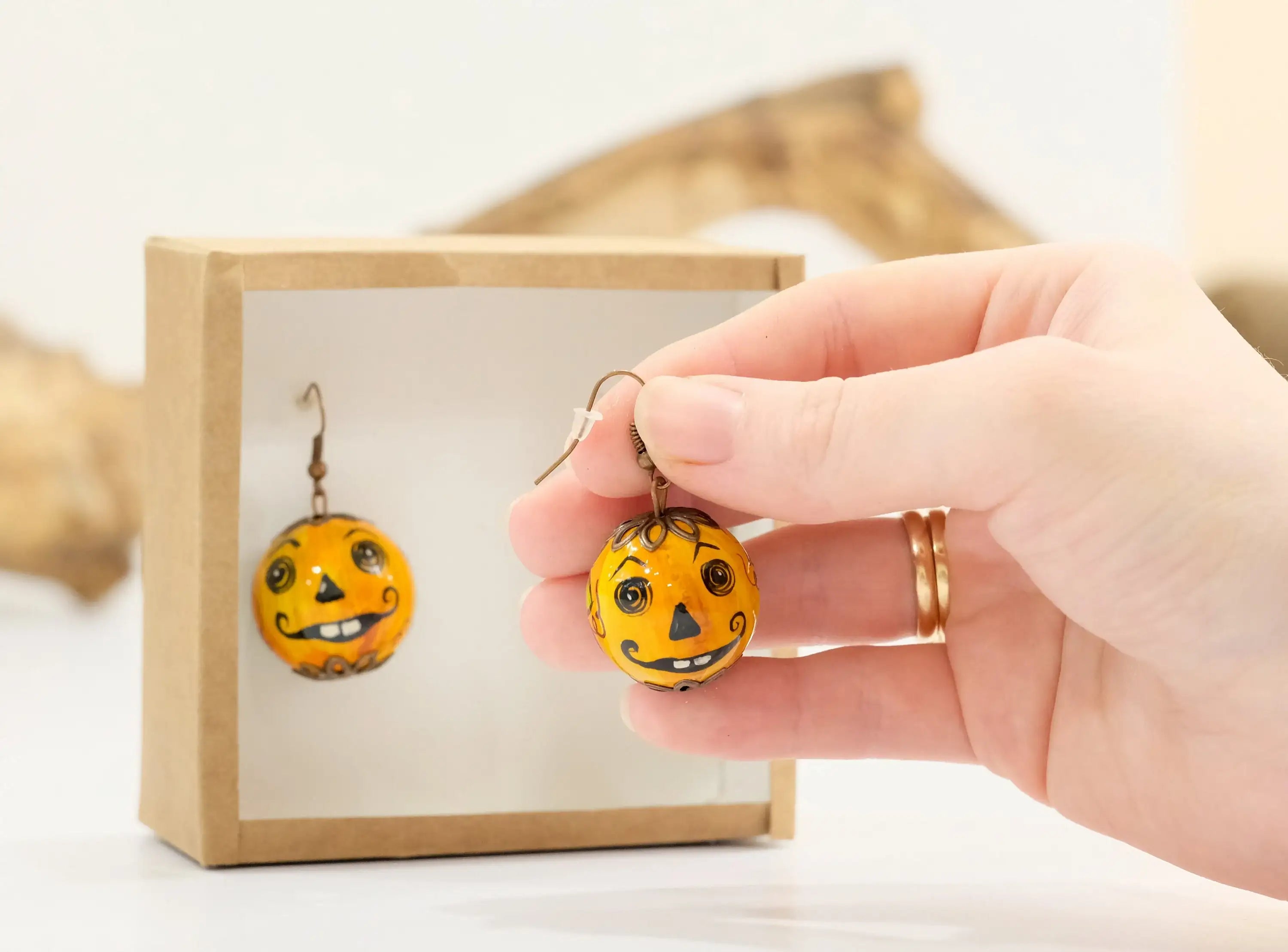Painted Wooden Pumpkin Face Earrings- Lightweight Dangle Drop Halloween Earrings