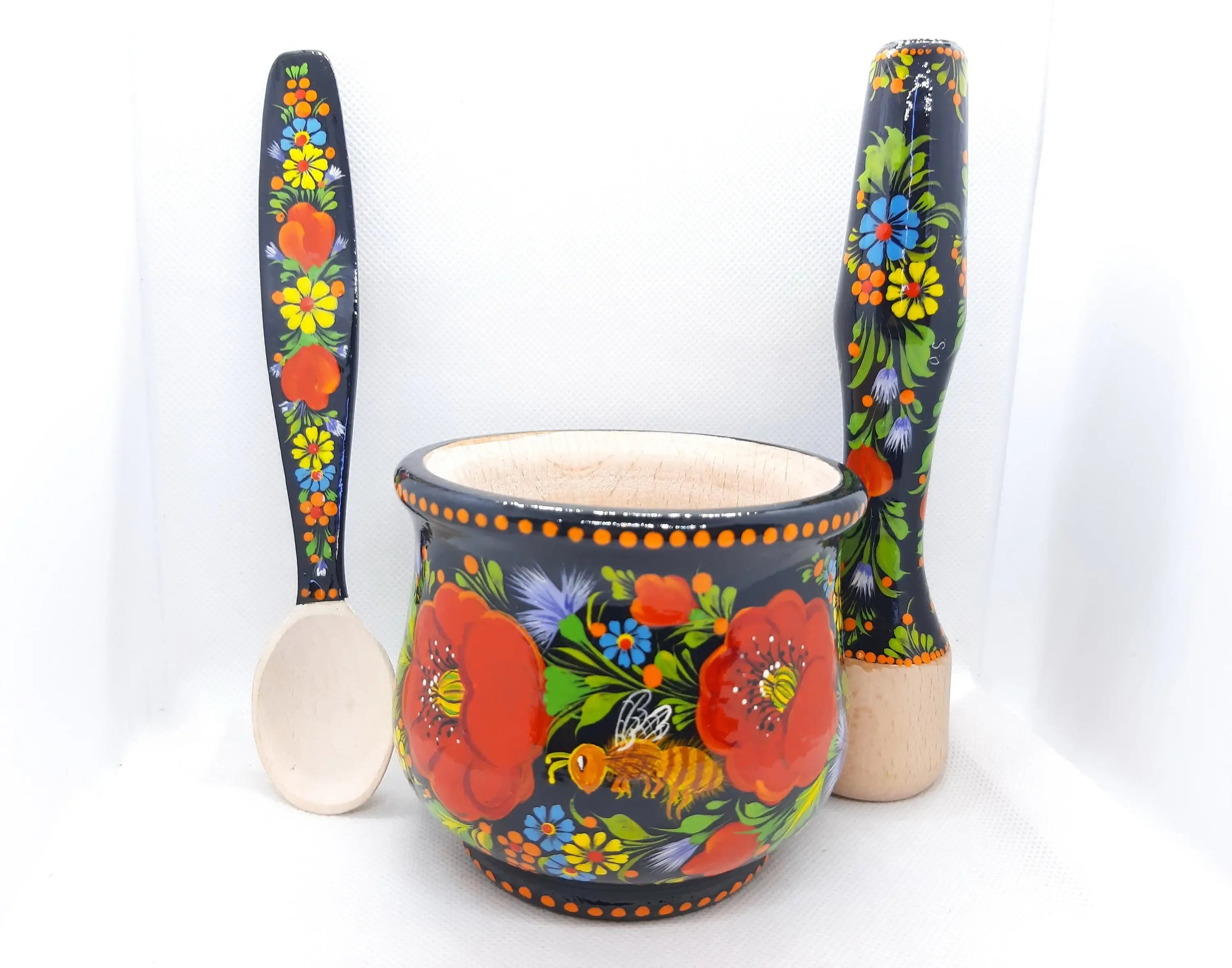 Mortar and Pestle set, Bee mortar and pestle, Wooden spices masher, Herb grinding bowl, Painted red flower crush pot, Ukraine Petrylivka art