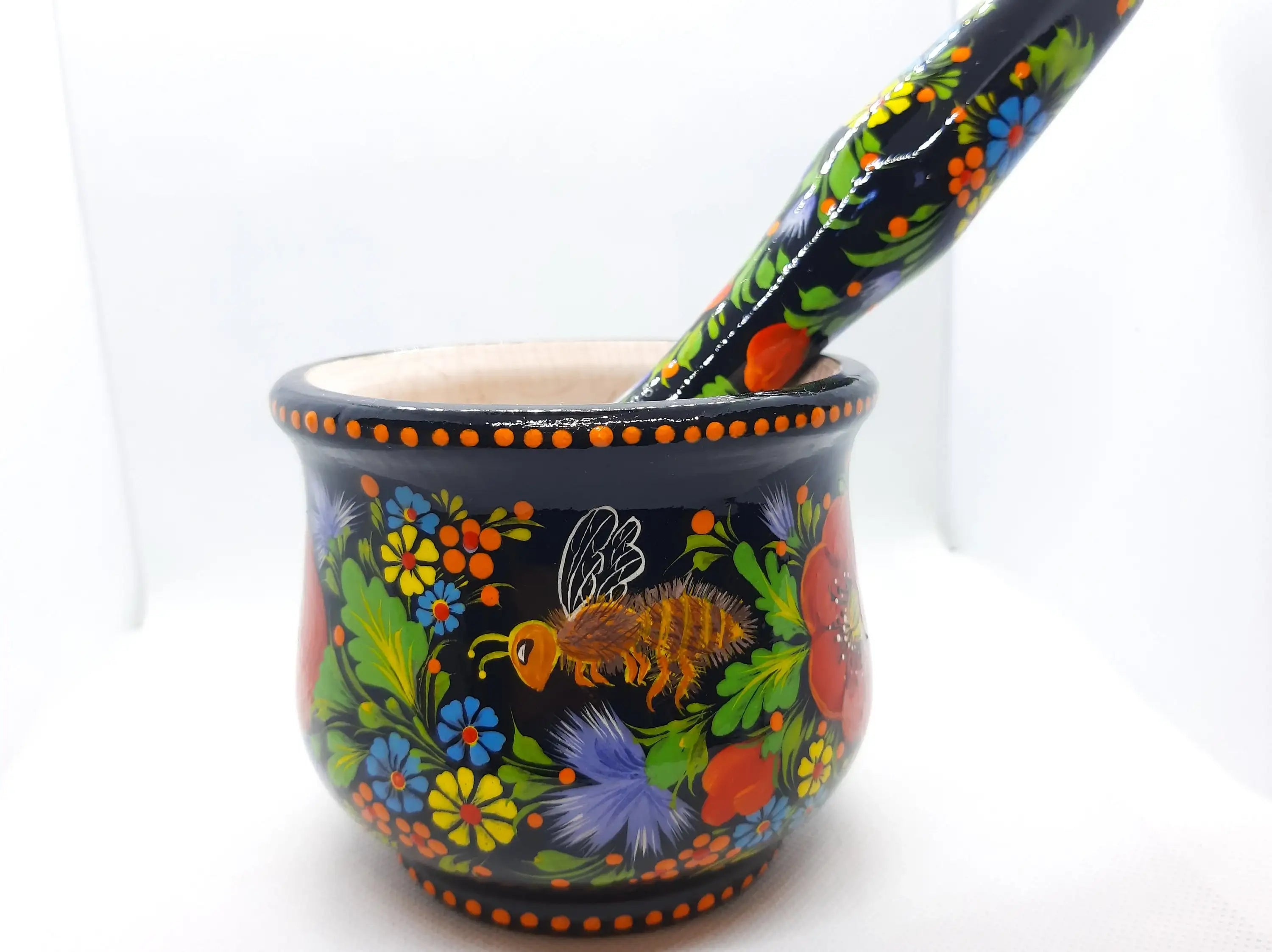 Mortar and Pestle set, Bee mortar and pestle, Wooden spices masher, Herb grinding bowl, Painted red flower crush pot, Ukraine Petrylivka art