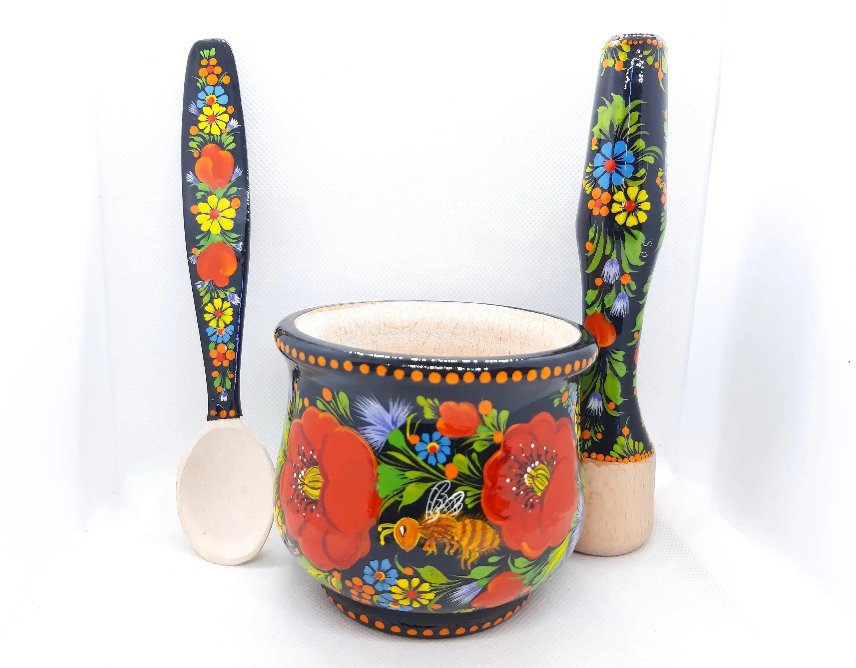 Mortar and Pestle set, Bee mortar and pestle, Wooden spices masher, Herb grinding bowl, Painted red flower crush pot, Ukraine Petrylivka art
