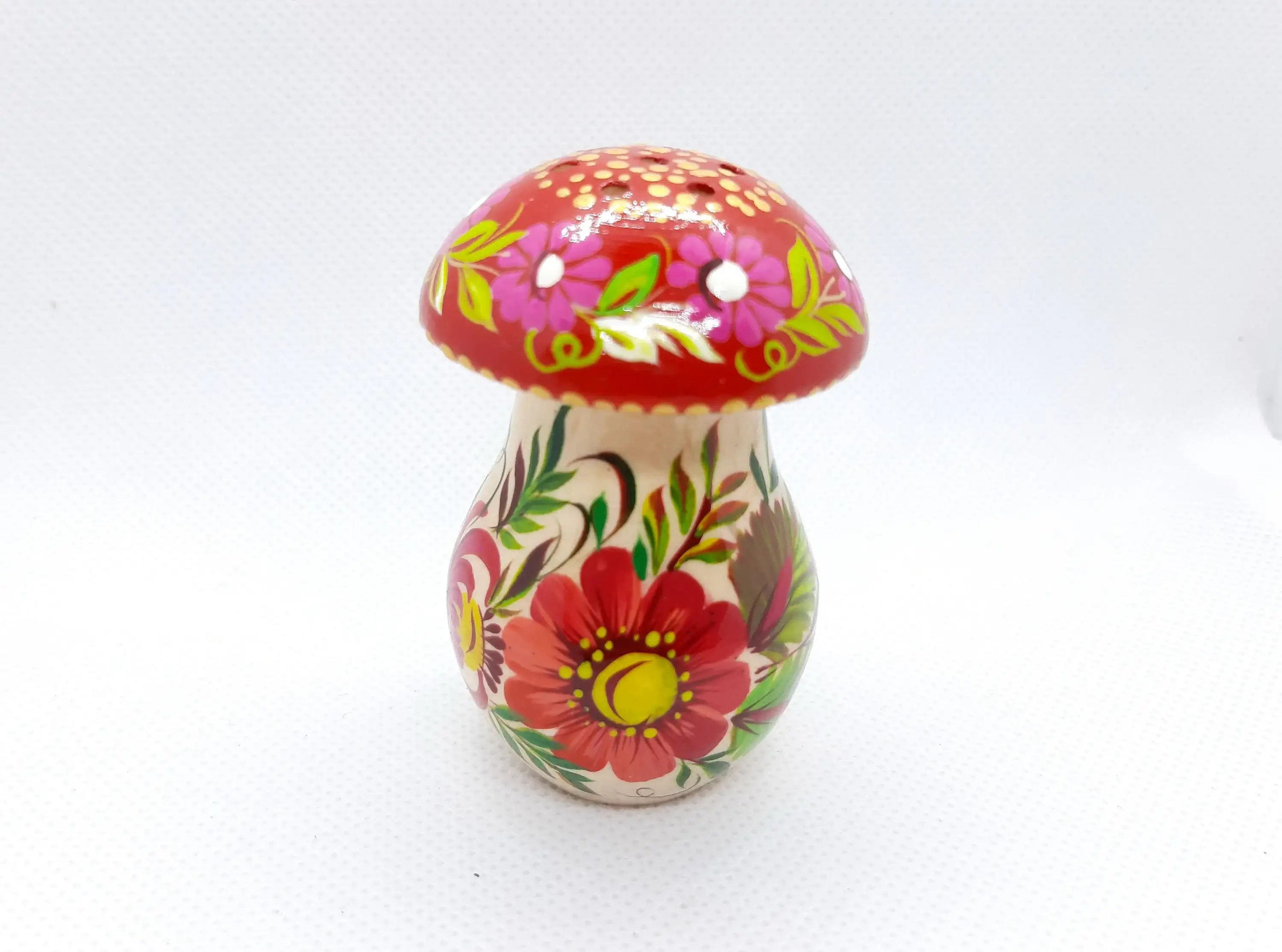 Wooden Salt and Pepper Shaker - Artisanal Painted Mushroom-shaped Shaker, Petrykivka Art