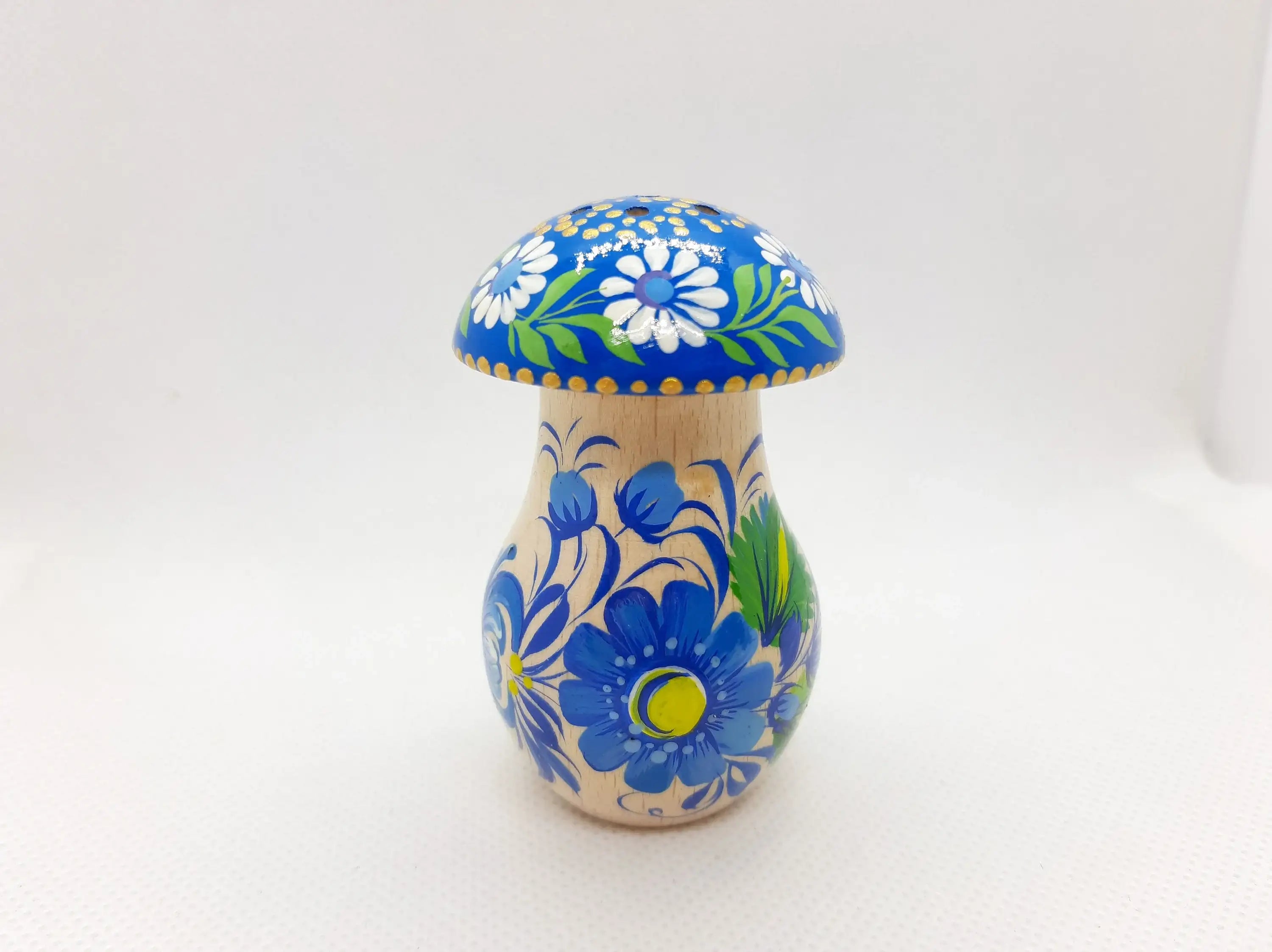 Wooden Salt and Pepper Shaker - Artisanal Painted Mushroom-shaped Shaker, Petrykivka Art