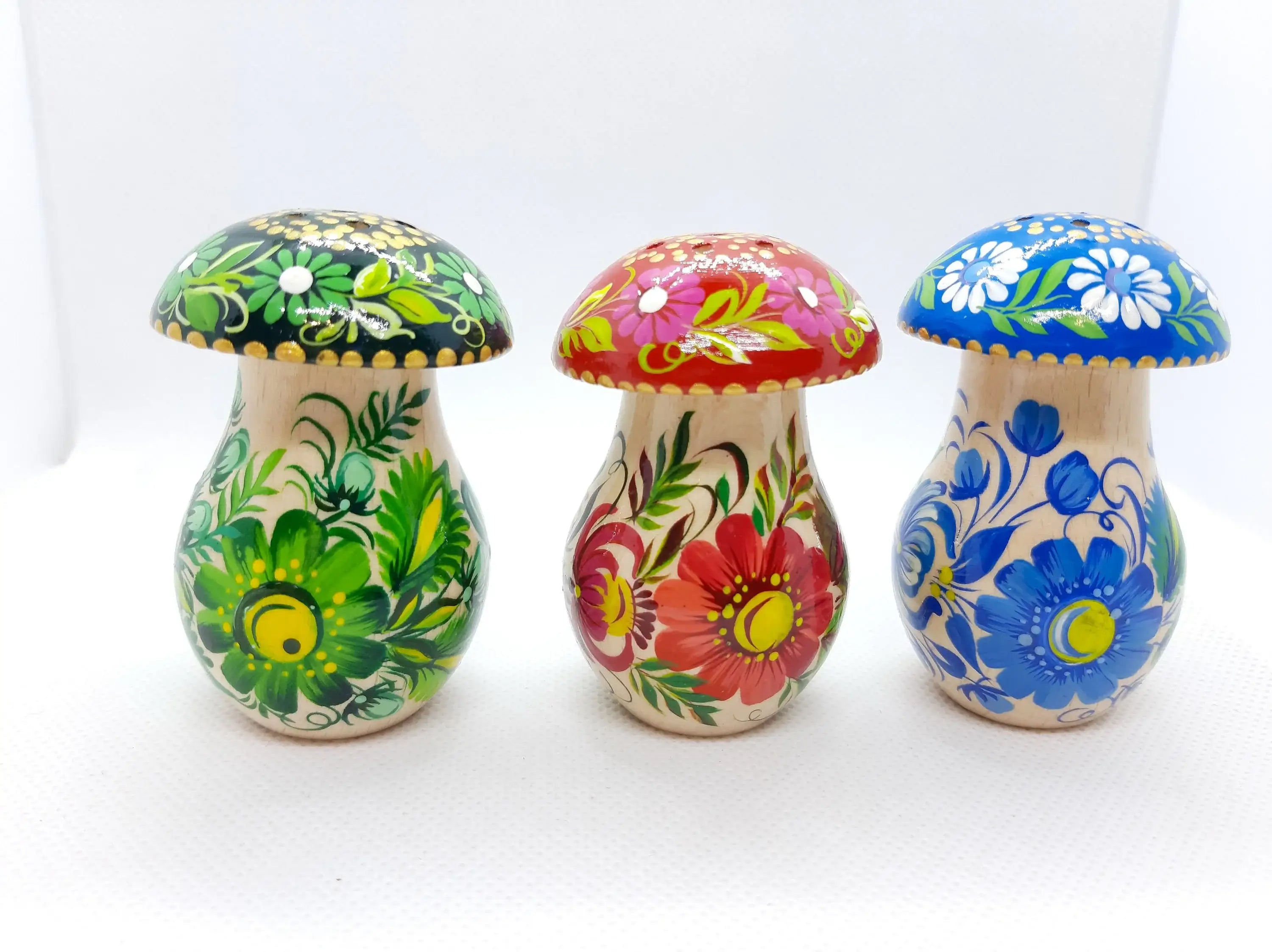 Wooden Salt and Pepper Shaker - Artisanal Painted Mushroom-shaped Shaker, Petrykivka Art