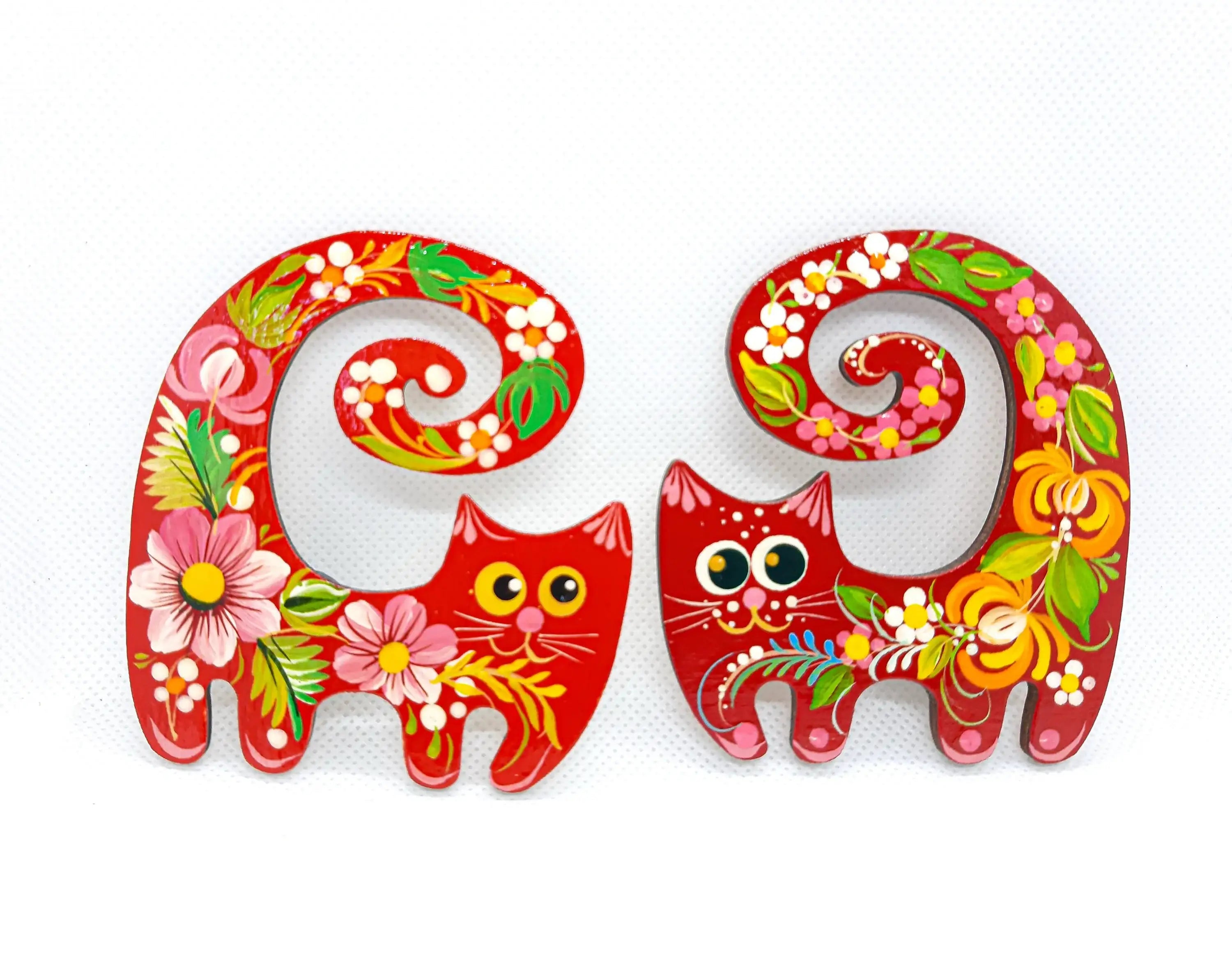 Painted Wooden Funny Cat Fridge Magnets Set - Petrykivka Art Cute Decorative Magnets, Handmade Locker Magnets