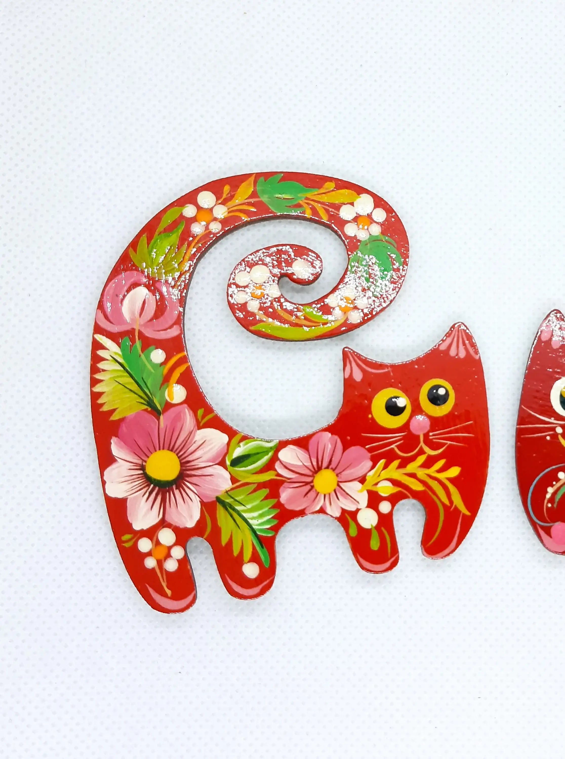 Painted Wooden Funny Cat Fridge Magnets Set - Petrykivka Art Cute Decorative Magnets, Handmade Locker Magnets