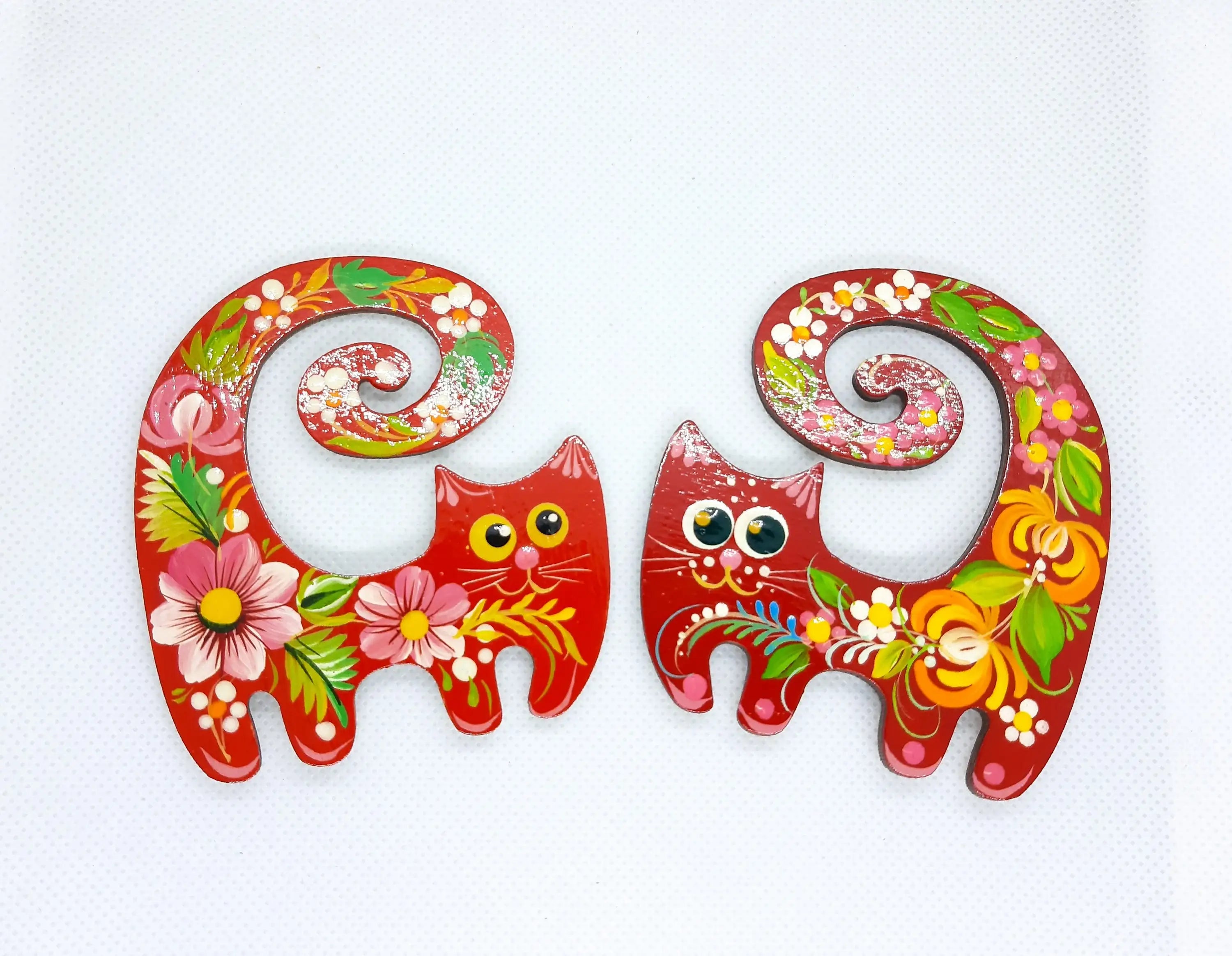 Painted Wooden Funny Cat Fridge Magnets Set - Petrykivka Art Cute Decorative Magnets, Handmade Locker Magnets