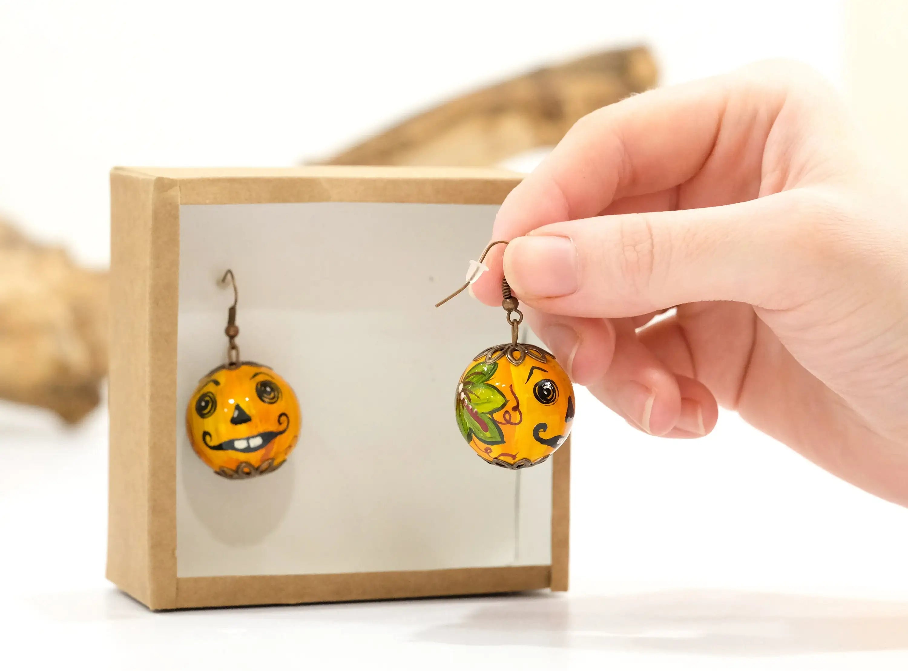Painted Wooden Pumpkin Face Earrings- Lightweight Dangle Drop Halloween Earrings