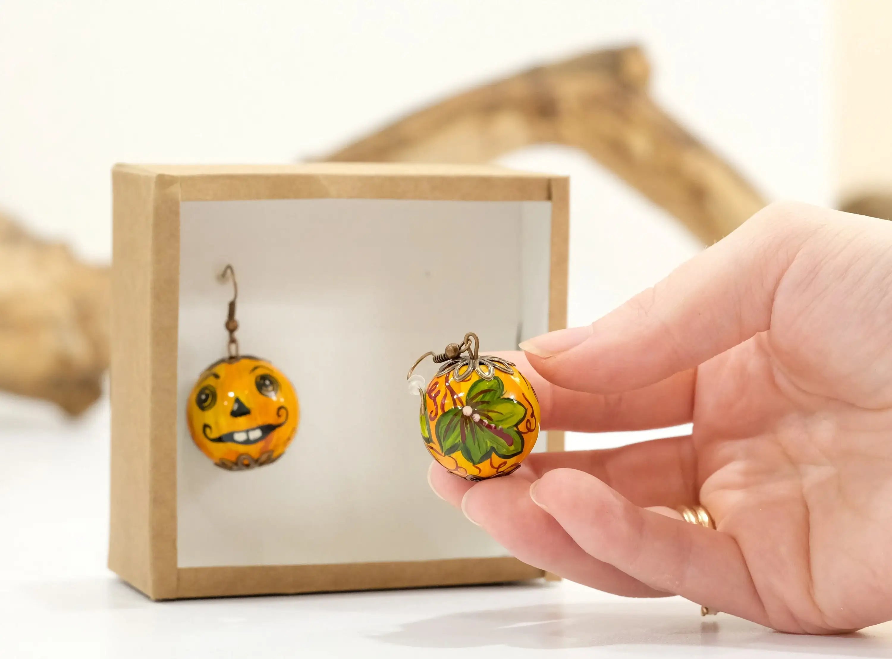 Painted Wooden Pumpkin Face Earrings- Lightweight Dangle Drop Halloween Earrings