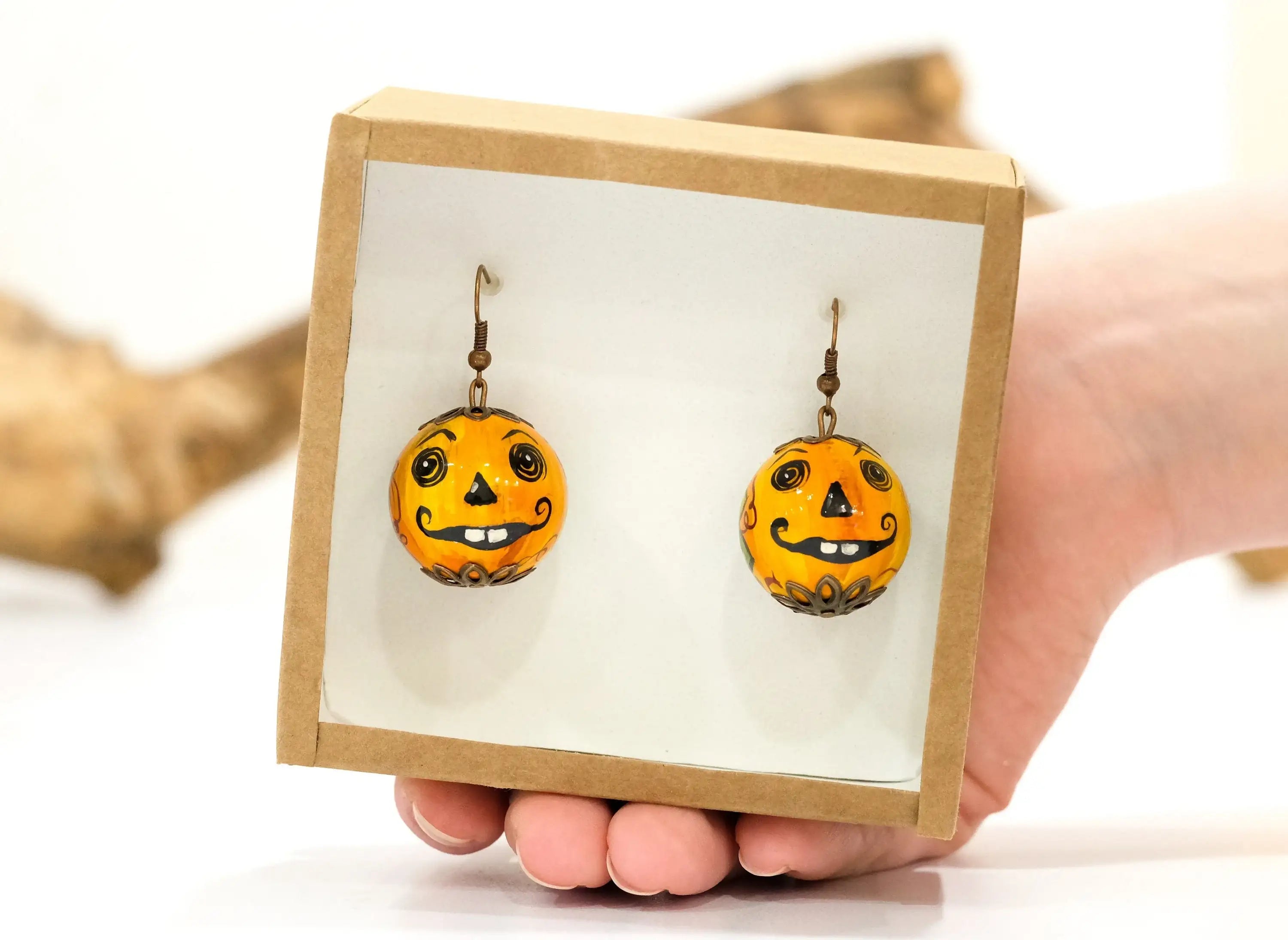 Painted Wooden Pumpkin Face Earrings- Lightweight Dangle Drop Halloween Earrings