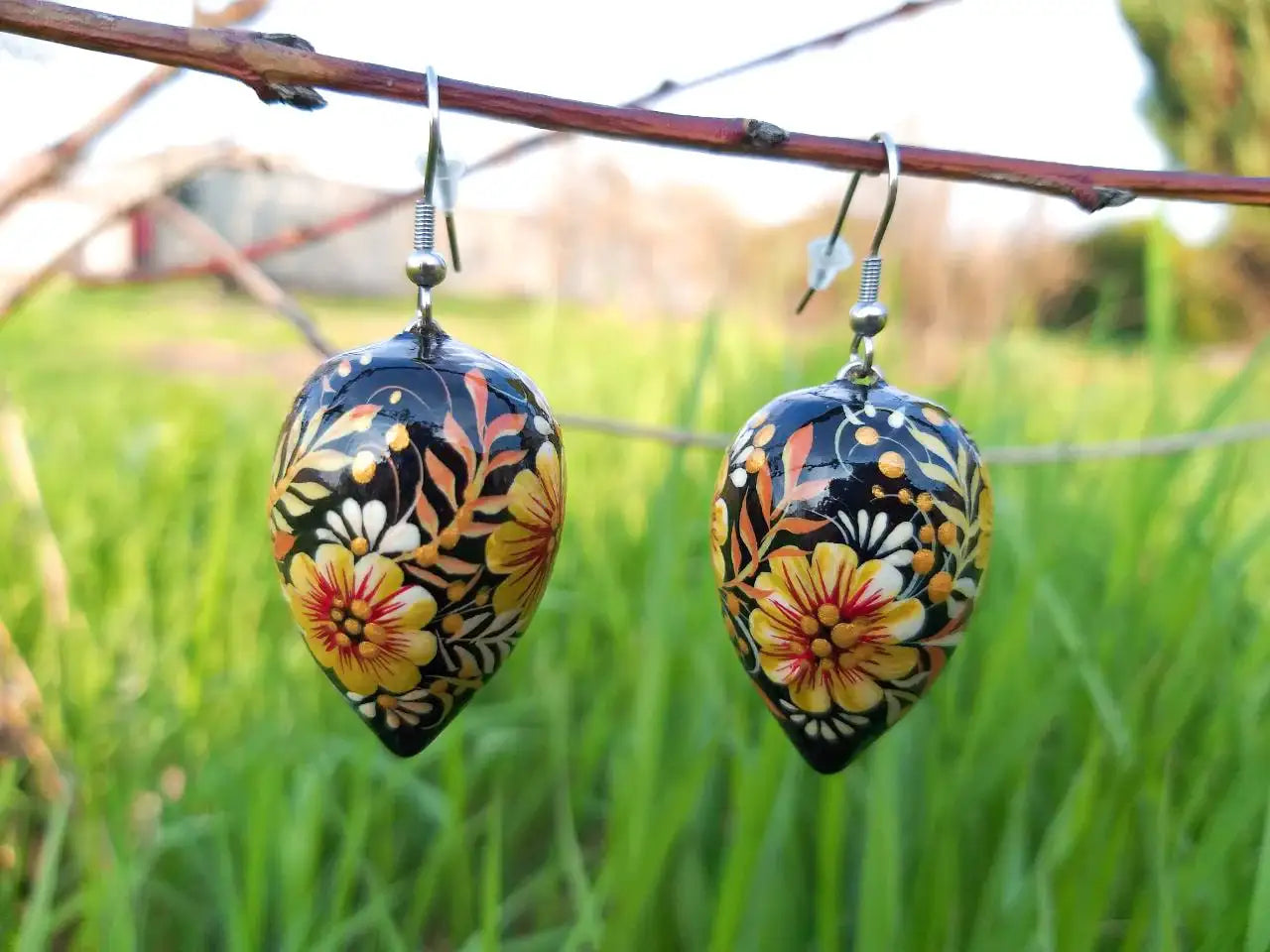 Hypoallergenic Painted Wooden Beige Drop Earrings