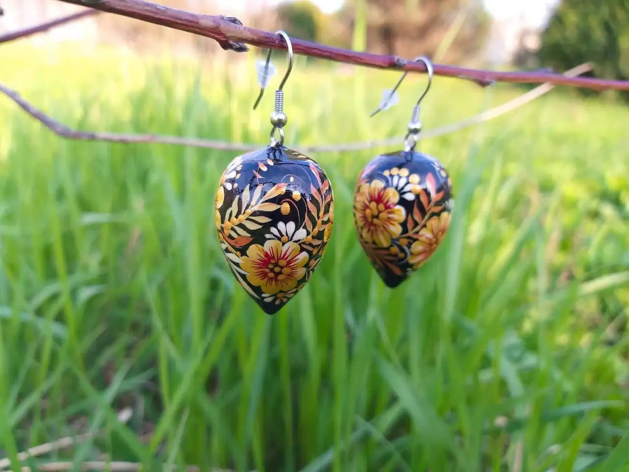 Hypoallergenic Painted Wooden Beige Drop Earrings